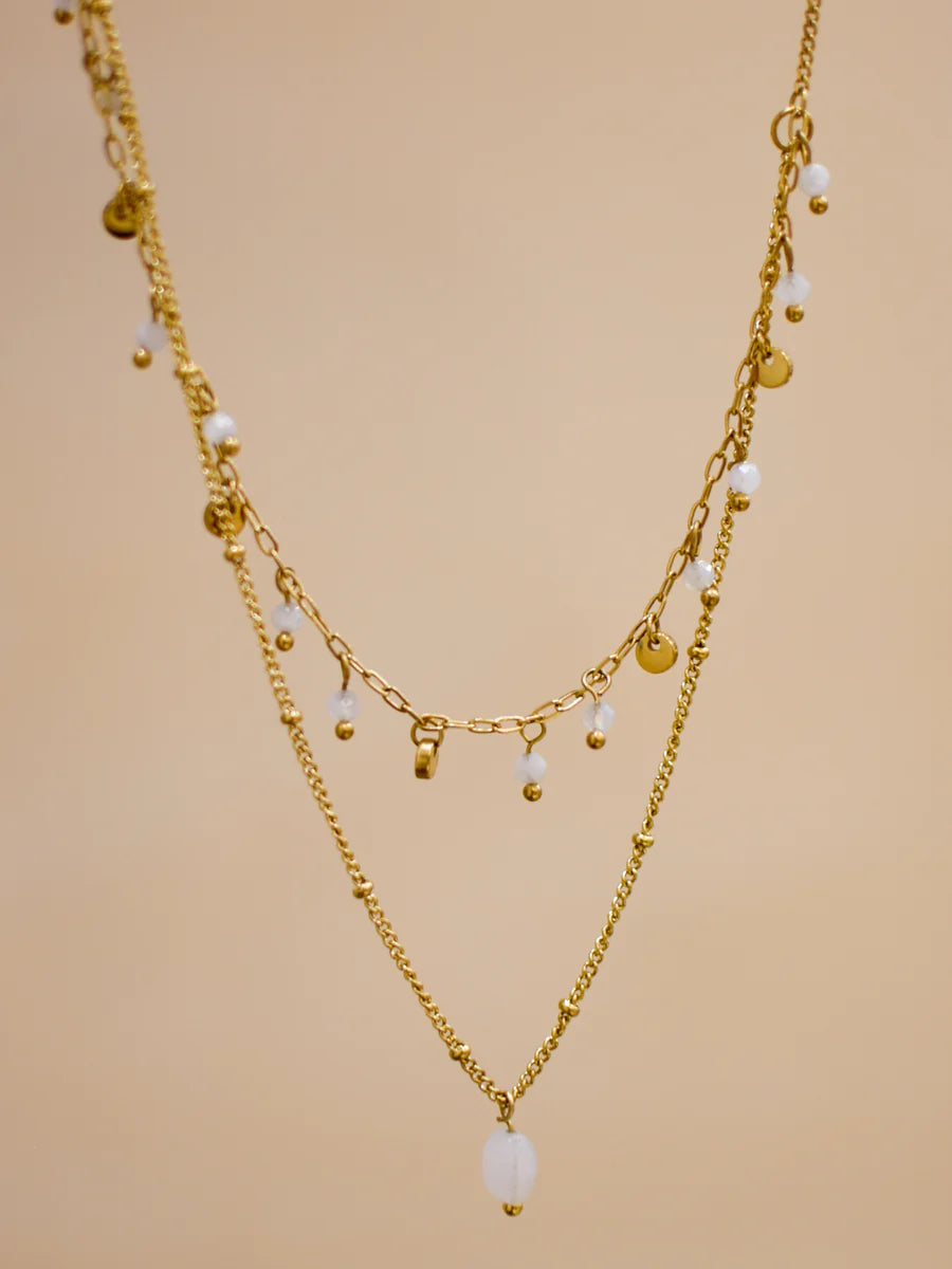 Collier JIM - Double Rang Pierre de Lune - 2 Chaînes Dorées