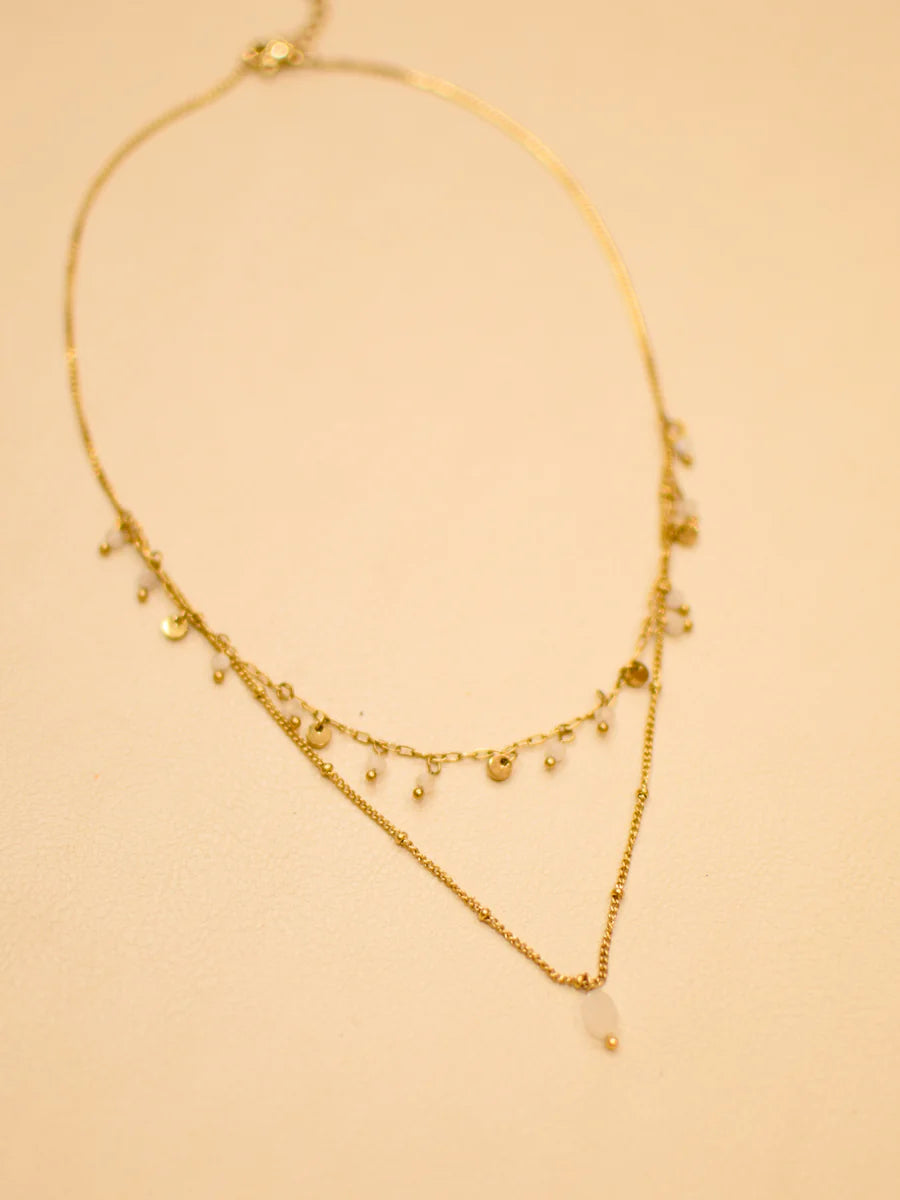 Collier JIM - Double Rang Pierre de Lune - 2 Chaînes Dorées
