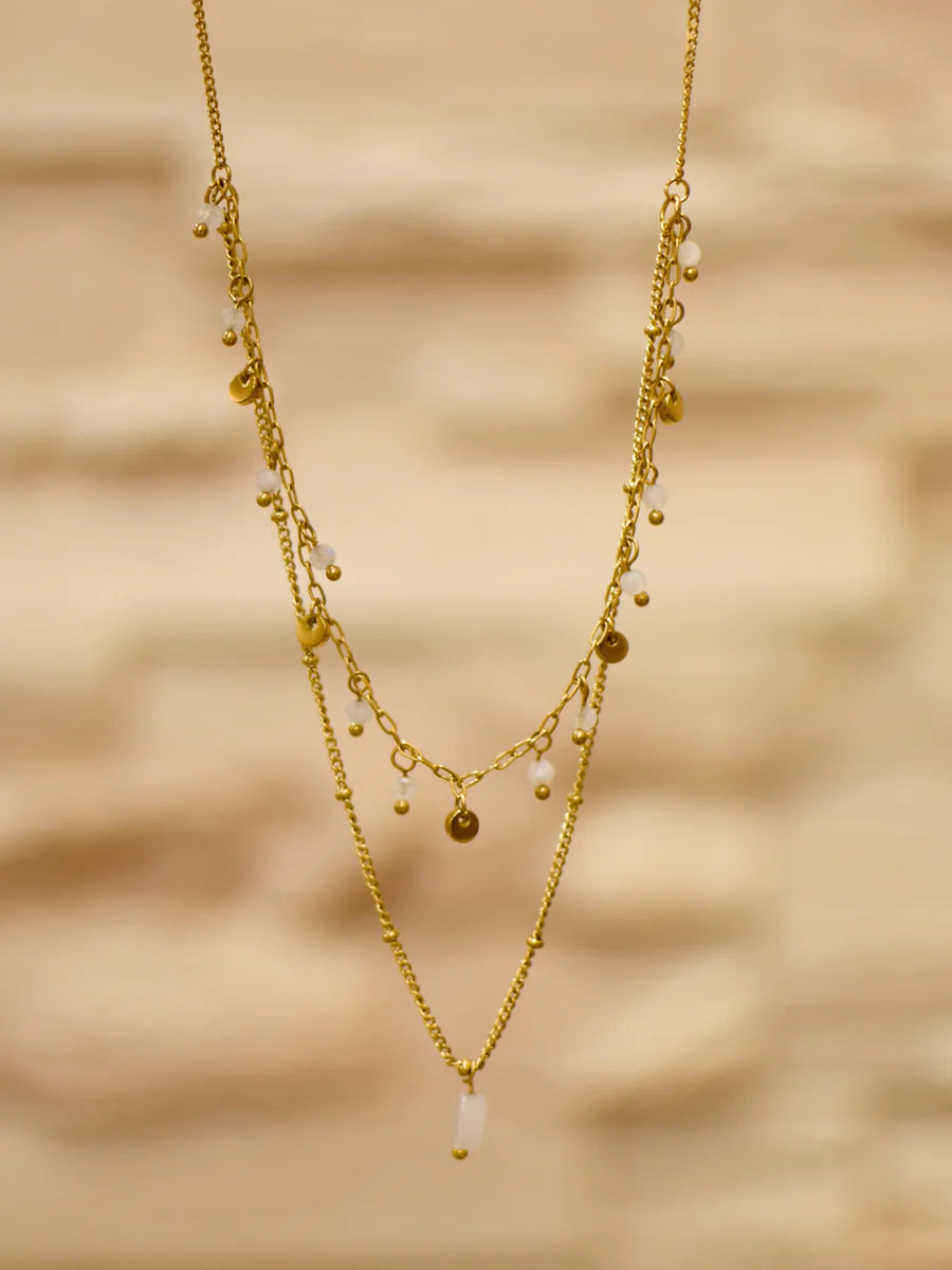 Collier JIM - Double Rang Pierre de Lune - 2 Chaînes Dorées