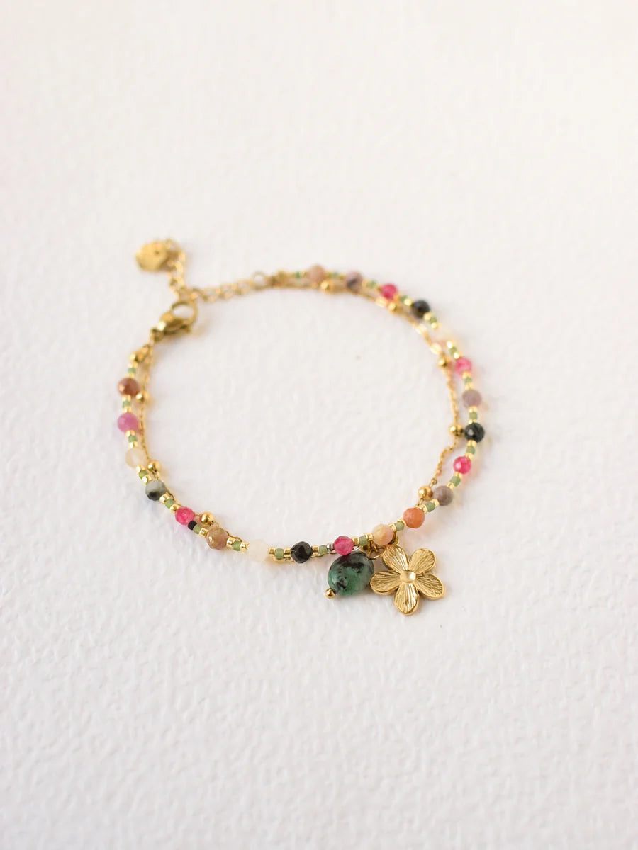 Bracelet Layane - Tourmaline Multicolore & Trèfle Doré - Chance & Protection