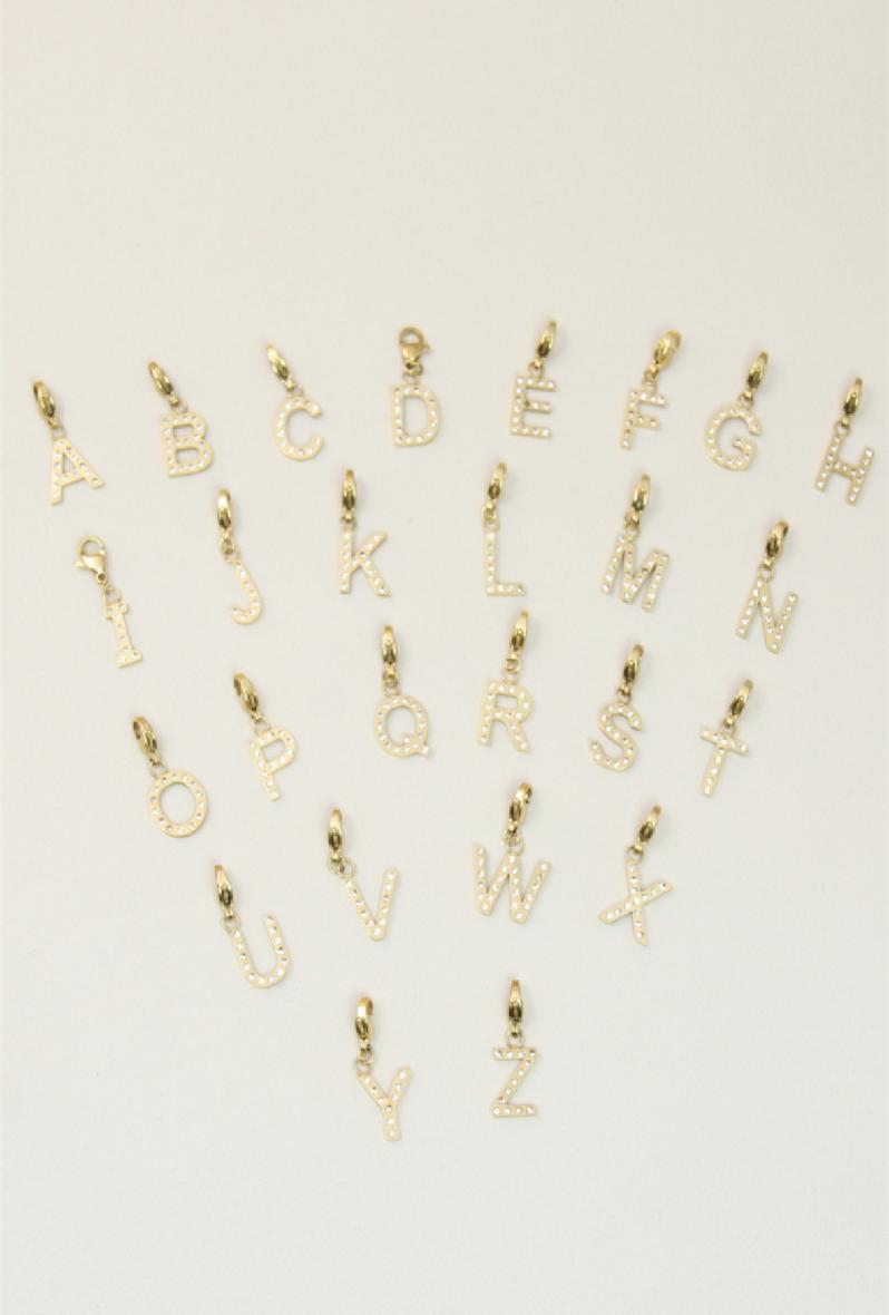 Charm lettres alphabet A à Z strass acier doré mousqueton fond beige toutes les lettres