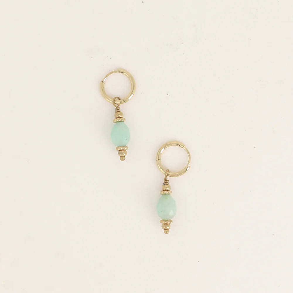 Boucles d'oreilles LOUISE amazonite turquoise créoles acier doré fond blanc
