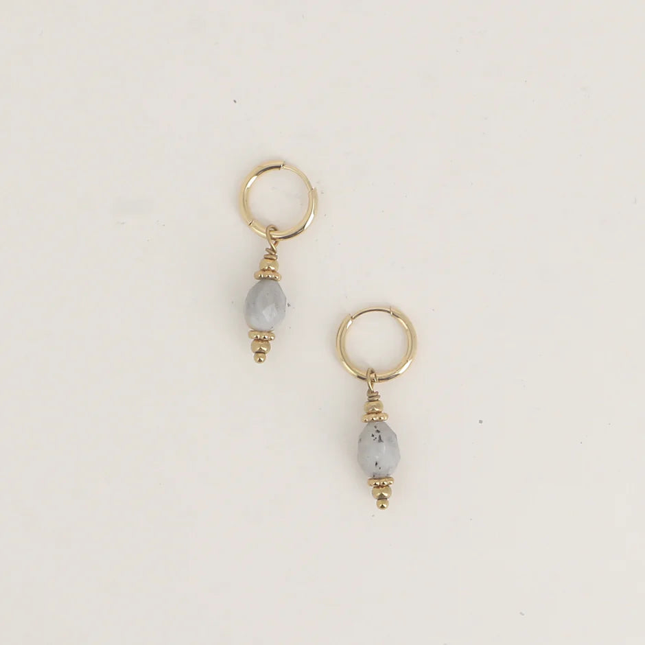 Boucles d'oreilles LOUISE agate grise créoles acier doré fond blanc