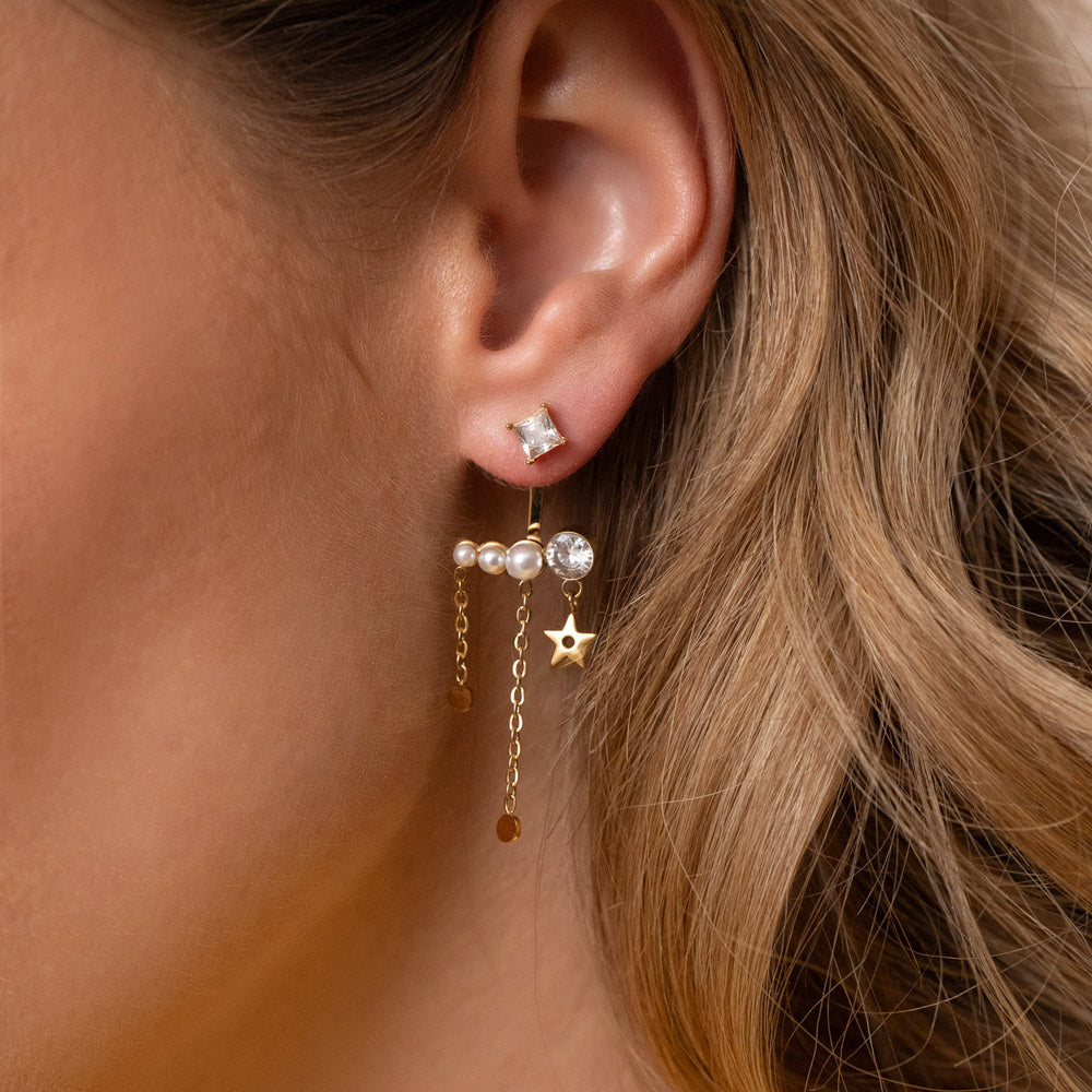 Boucles d'Oreilles MARGIE Puces Cristal Carré Interchangeable Acétate Étoile Chaînes | Or et Âme Bijoux