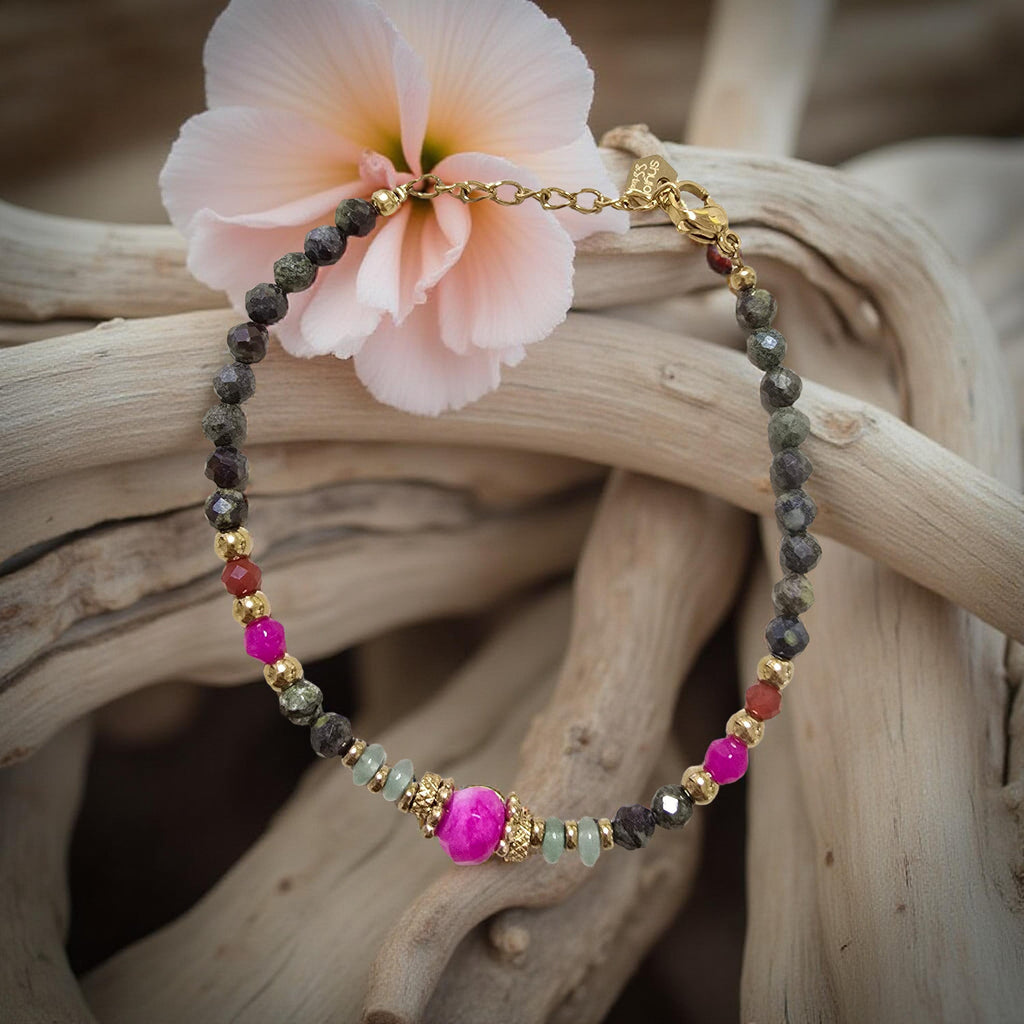 Bracelet MAYA Jaspe Vert Agate Rose Acier Inoxydable Doré | Or et Âme Bijoux