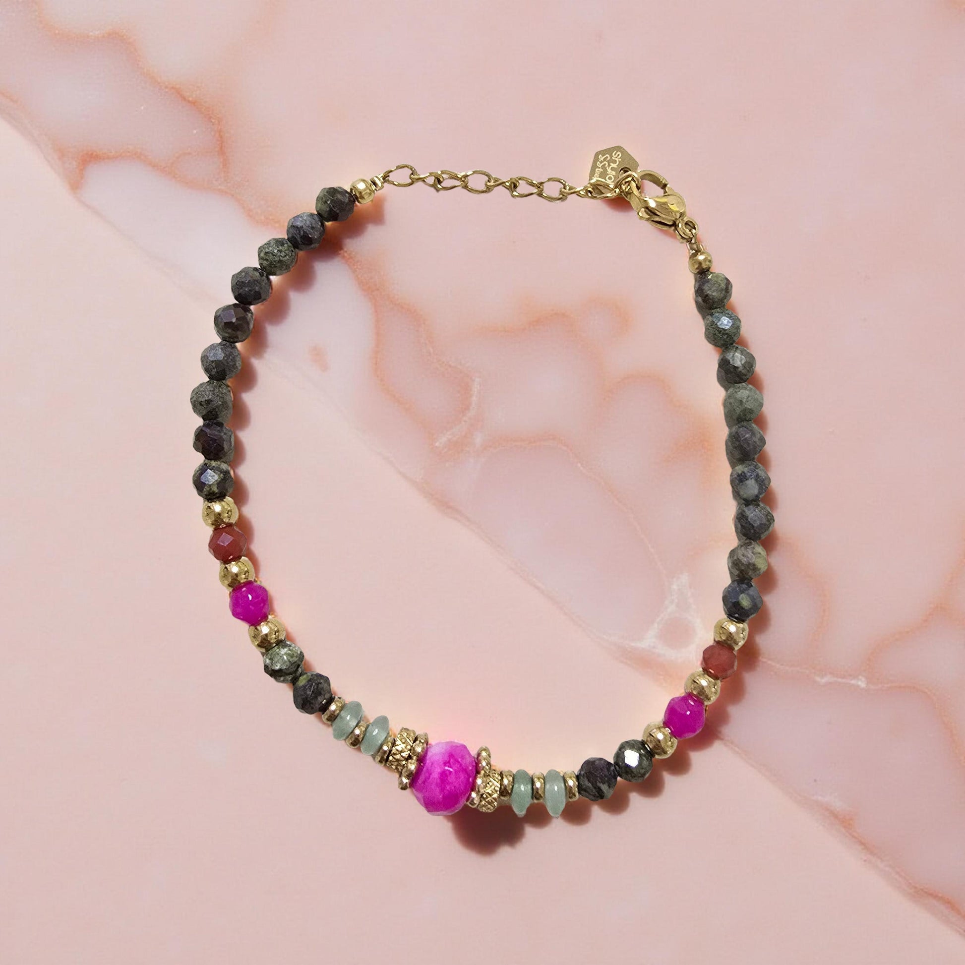 Bracelet MAYA Jaspe Vert Agate Rose Acier Inoxydable Doré | Or et Âme Bijoux