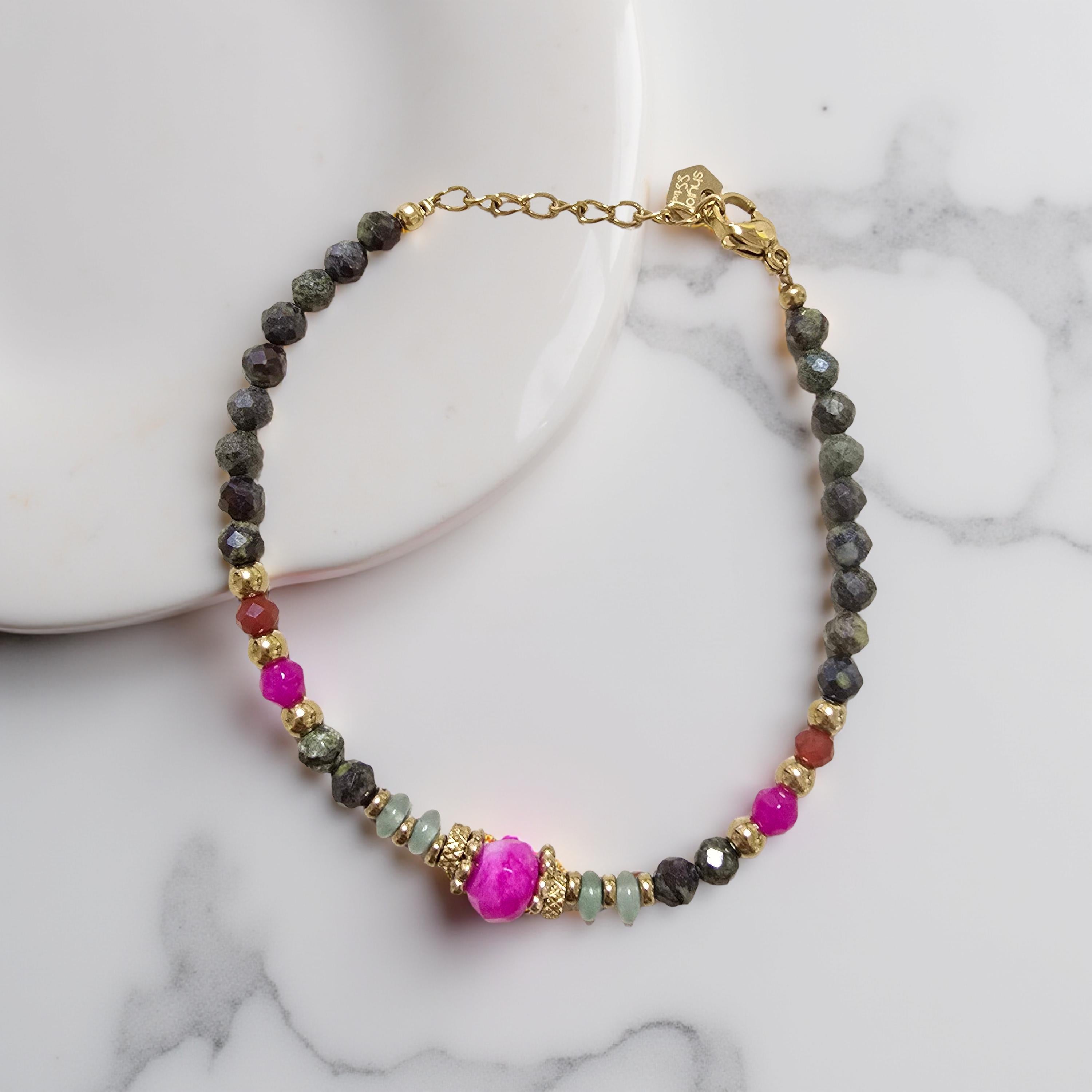 Bracelet MAYA Jaspe Vert Agate Rose Acier Inoxydable Doré | Or et Âme Bijoux