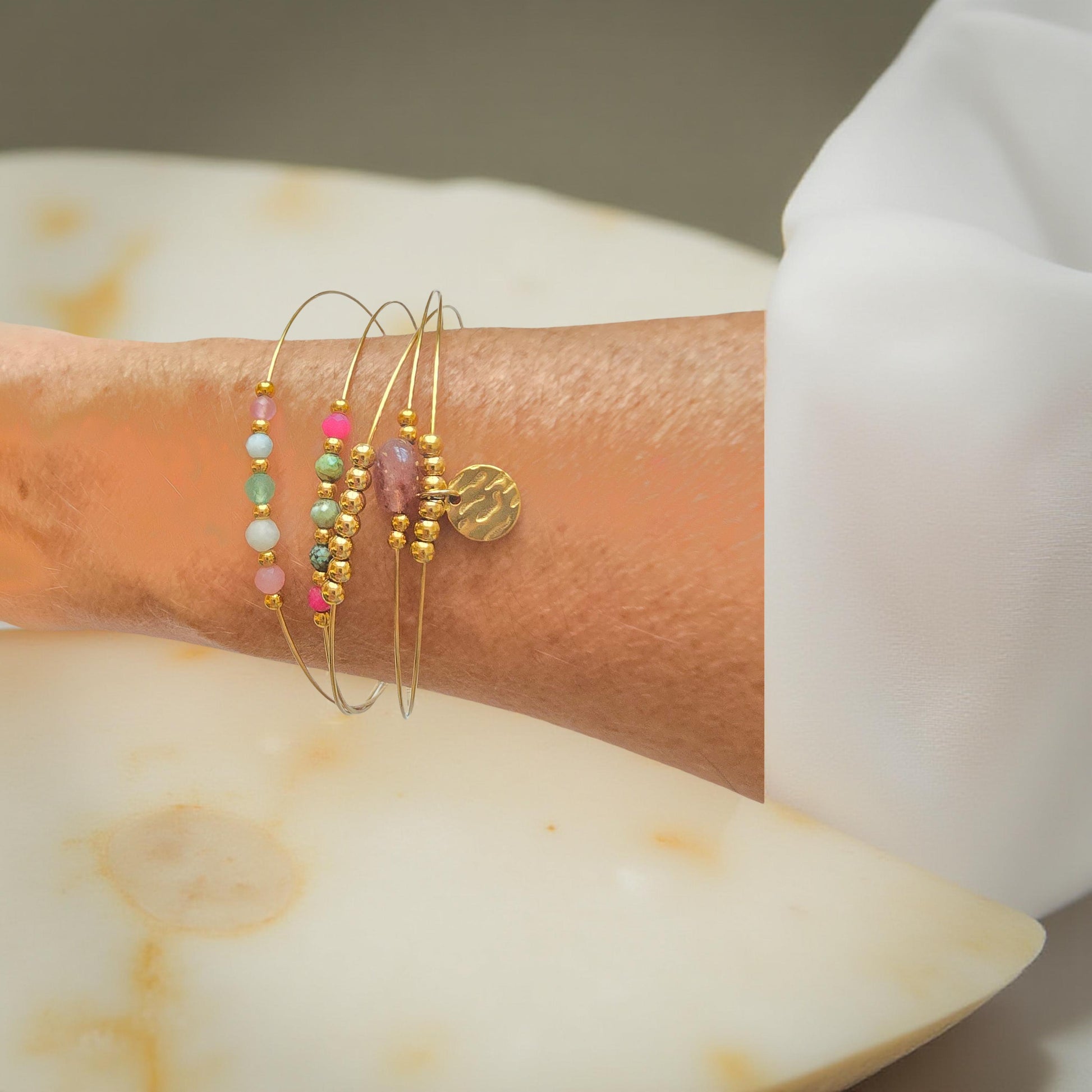 Jonc ELORA 5 Anneaux Tourmaline Colorée Acier Inoxydable Doré | Or et Âme Bijoux