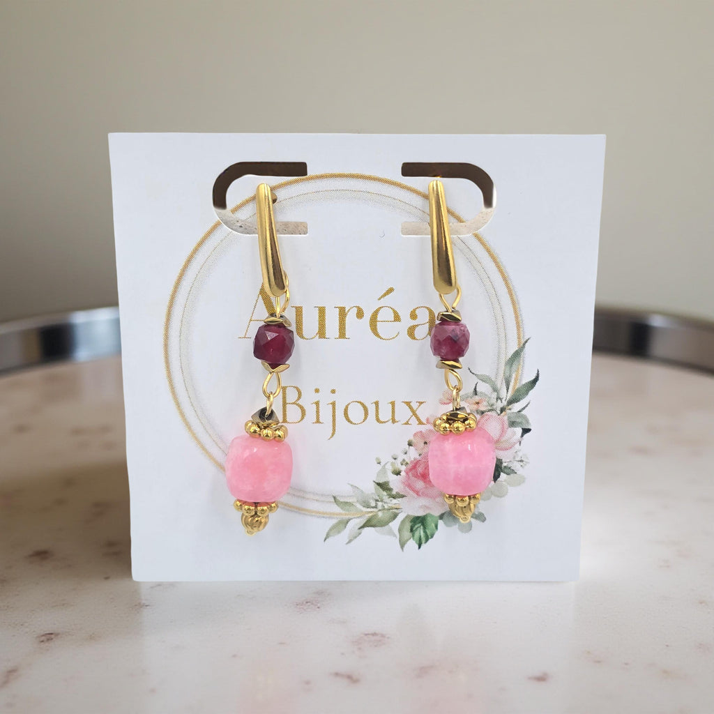Boucles d'Oreilles KAEL Pendantes Quartz Rose Cristal Roche Lépidolite | Or et Âme Bijoux