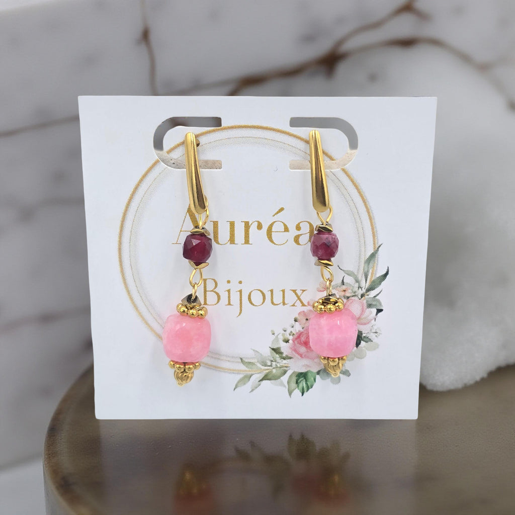 Boucles d'Oreilles KAEL Pendantes Quartz Rose Cristal Roche Lépidolite | Or et Âme Bijoux
