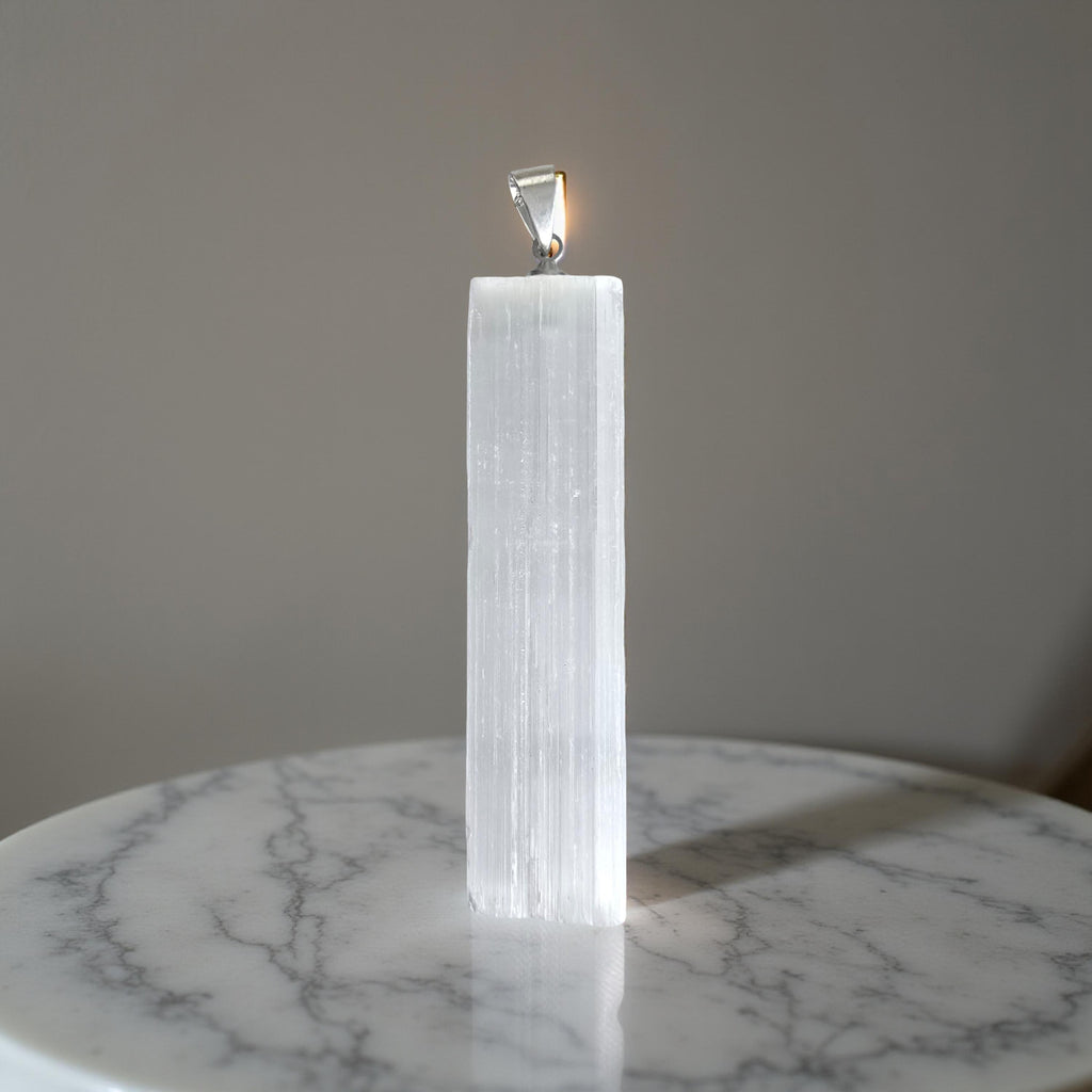 Pendentif Long Sélénite - Pierre de Clarté & Purification Or et Âme-Bijoux