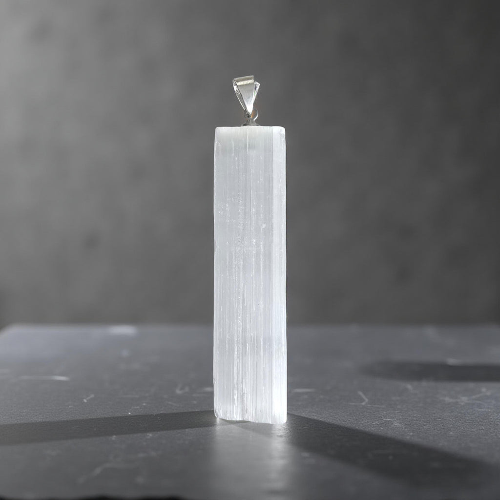Pendentif Long Sélénite - Pierre de Clarté & Purification Or et Âme-Bijoux