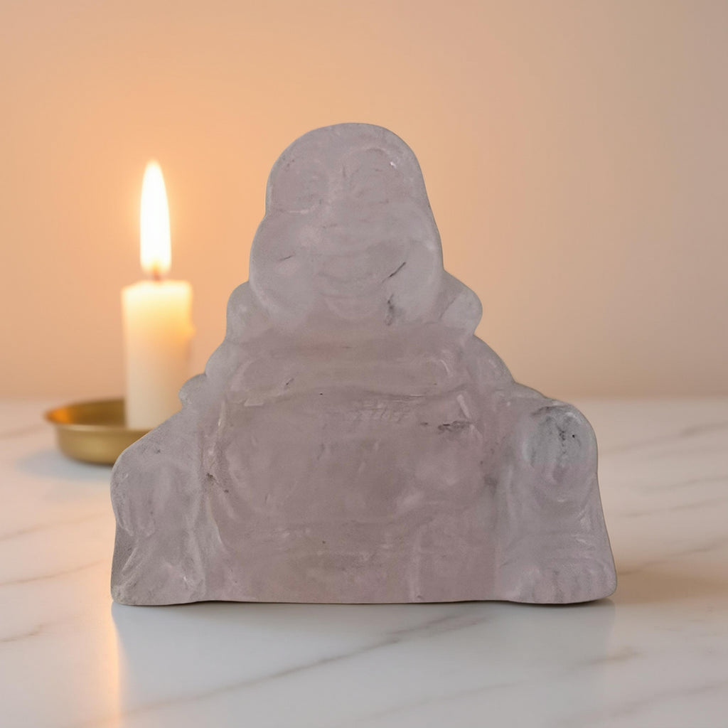 Statuette Bouddha Rieur en Quartz Rose – 5 cm