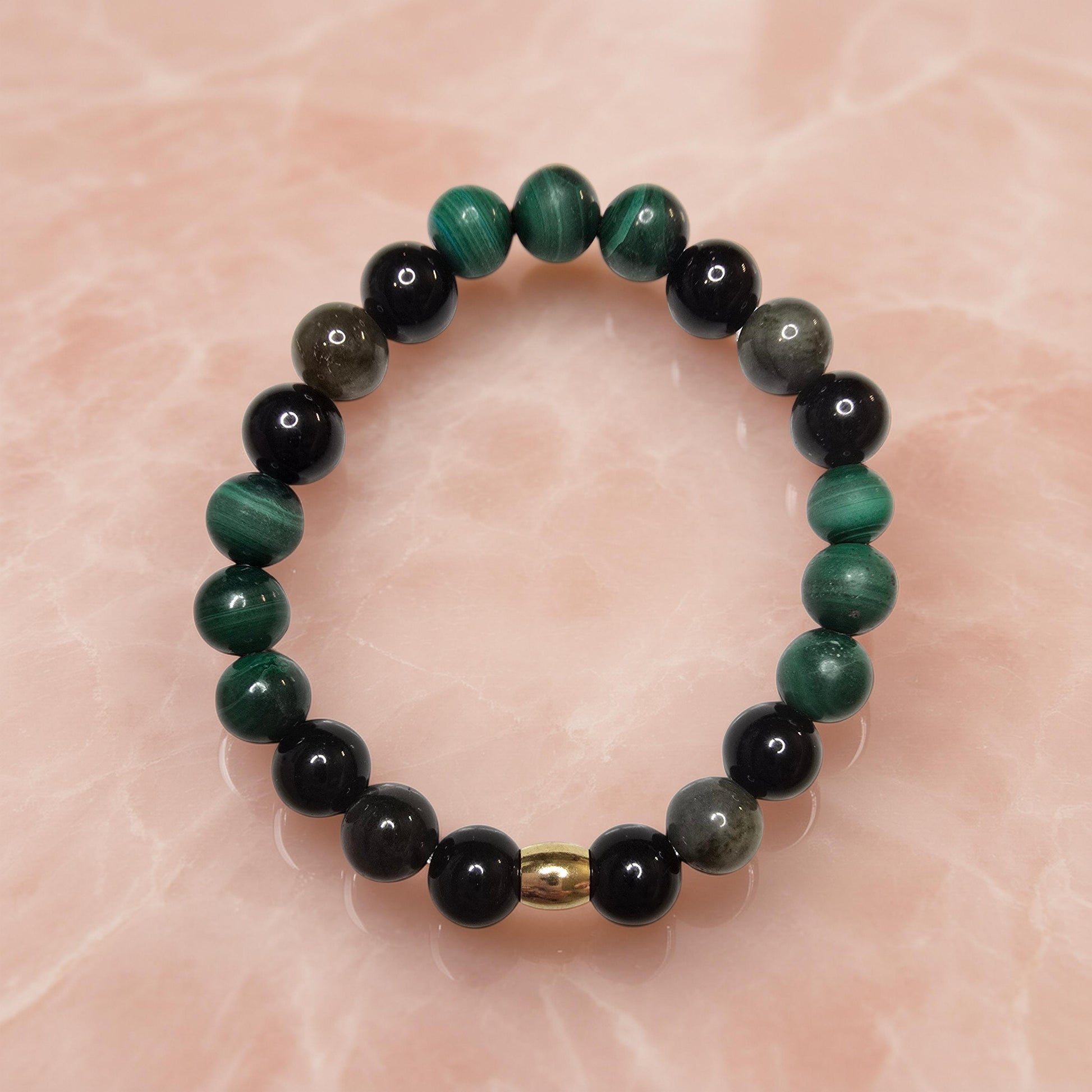 Bracelet Lithothérapie Anti-Douleur – Malachite, Obsidienne Dorée & Tourmaline Noire