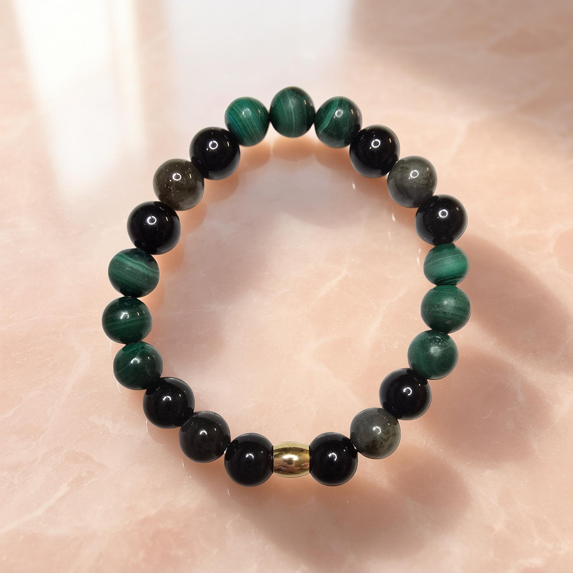 Bracelet Lithothérapie Anti-Douleur – Malachite, Obsidienne Dorée & Tourmaline Noire