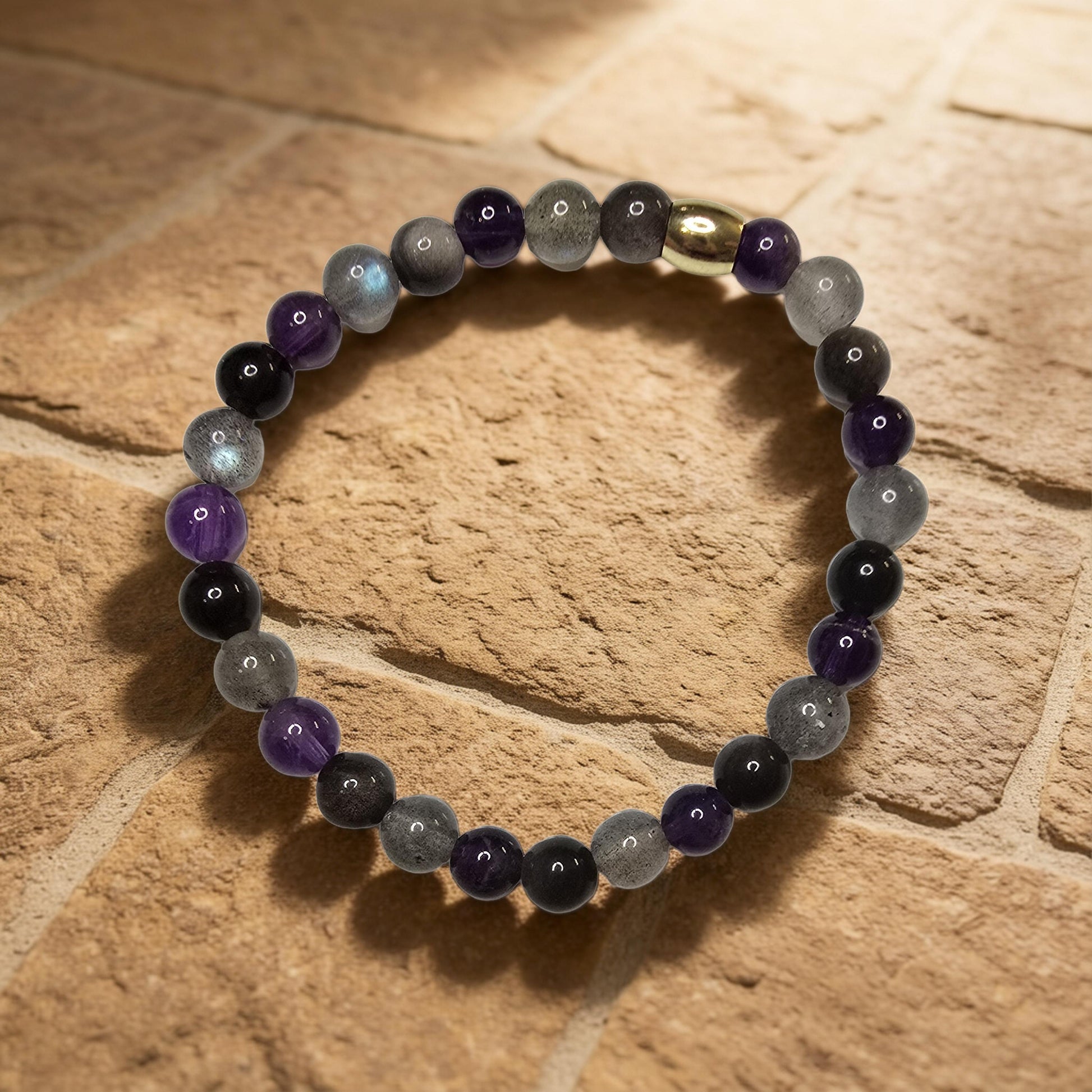 Bracelet Lithothérapie Douleur Psychique & Mentale – Labradorite, Améthyste & Obsidienne Argentée
