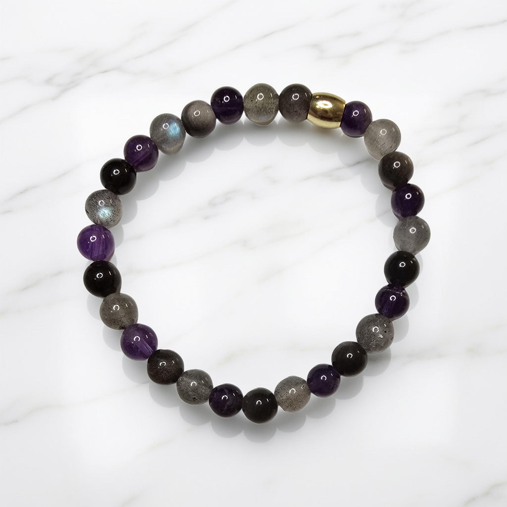 Bracelet Lithothérapie Douleur Psychique & Mentale – Labradorite, Améthyste & Obsidienne Argentée