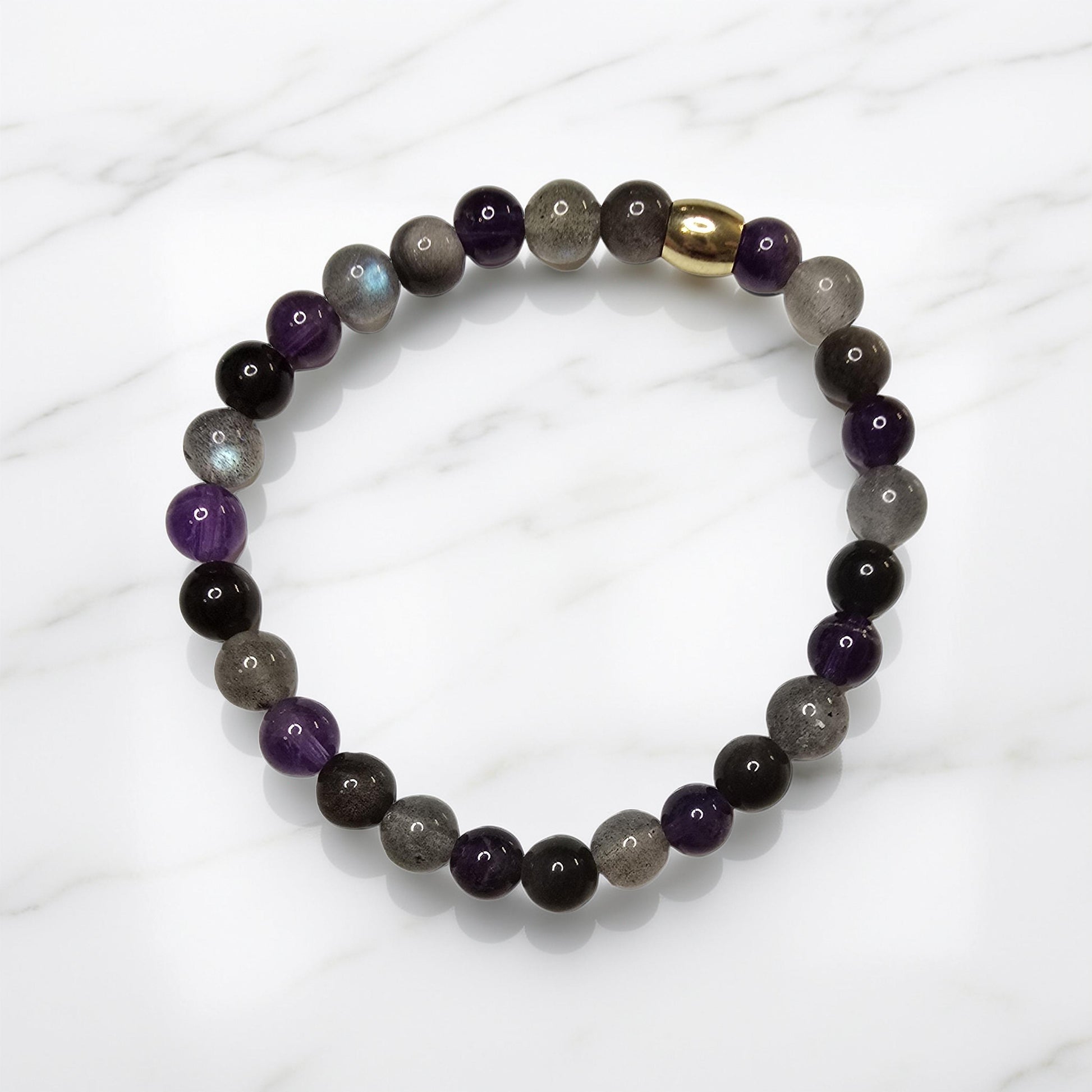 Bracelet Lithothérapie Douleur Psychique & Mentale – Labradorite, Améthyste & Obsidienne Argentée