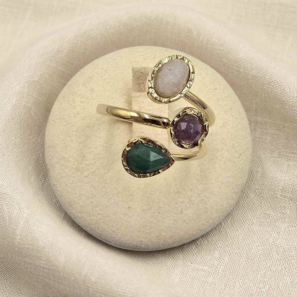 Bague EMI Ouverte 3 Rangs Pierres Naturelles Ajustable Acier Inoxydable | Or et Âme Bijoux