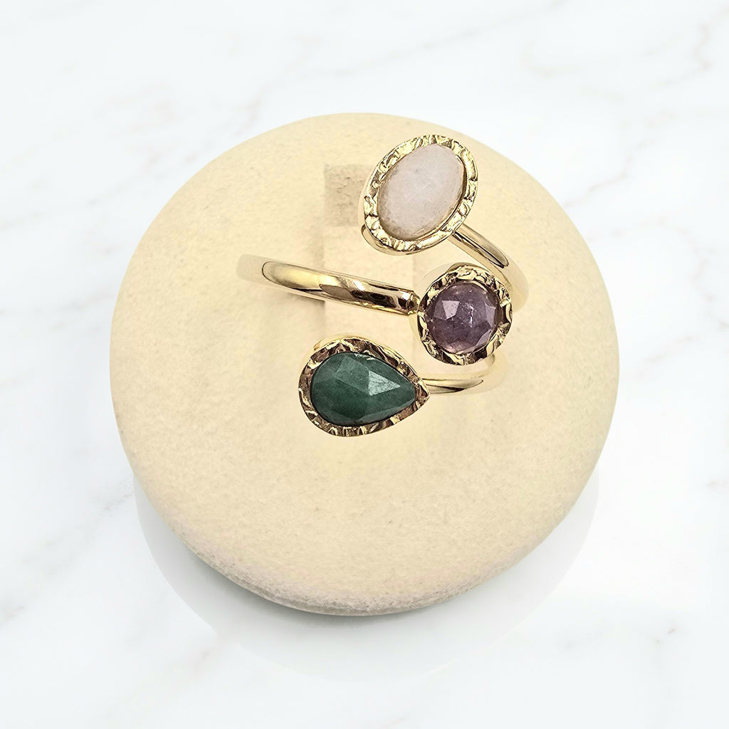 Bague EMI Ouverte 3 Rangs Pierres Naturelles Ajustable Acier Inoxydable | Or et Âme Bijoux