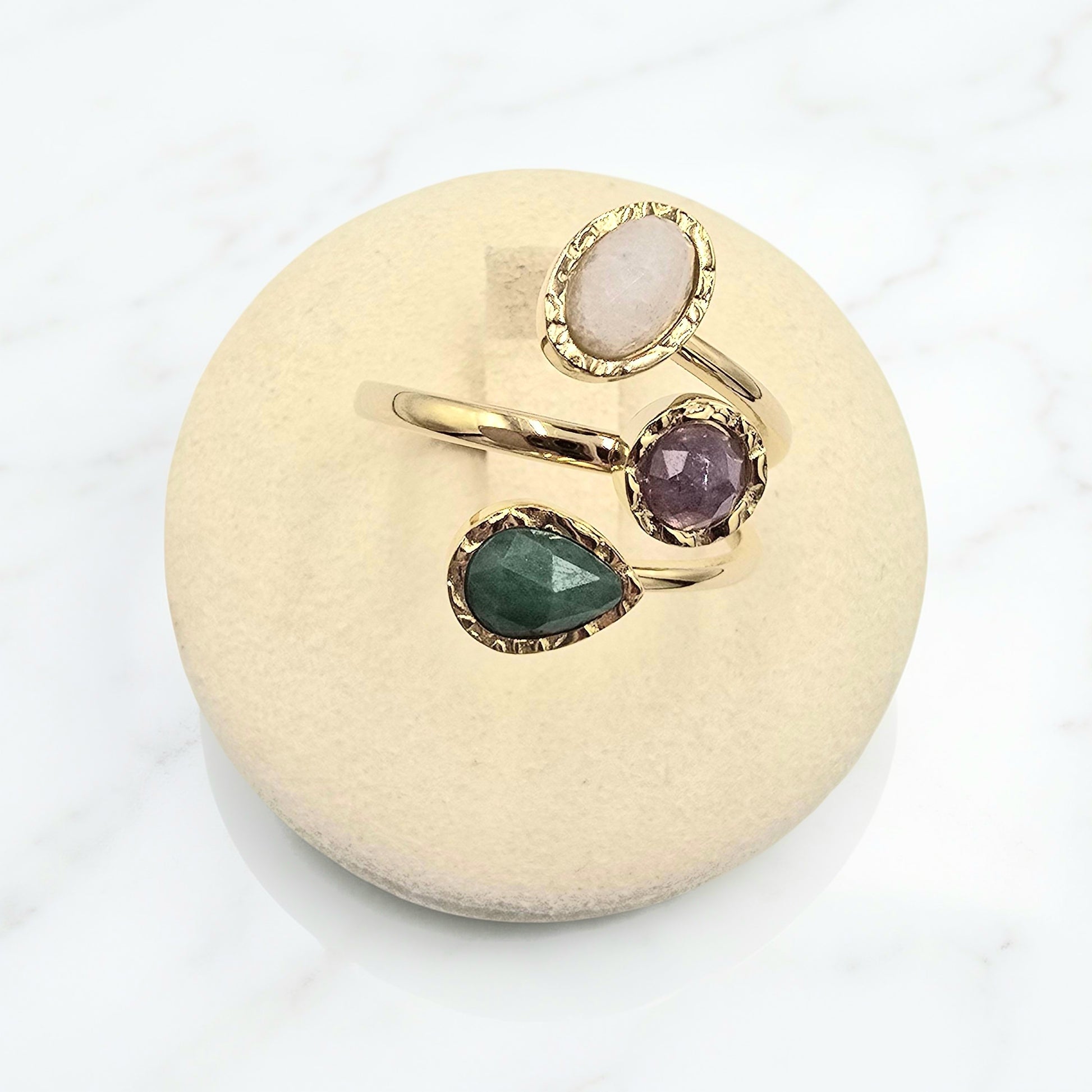 Bague EMI Ouverte 3 Rangs Pierres Naturelles Ajustable Acier Inoxydable | Or et Âme Bijoux