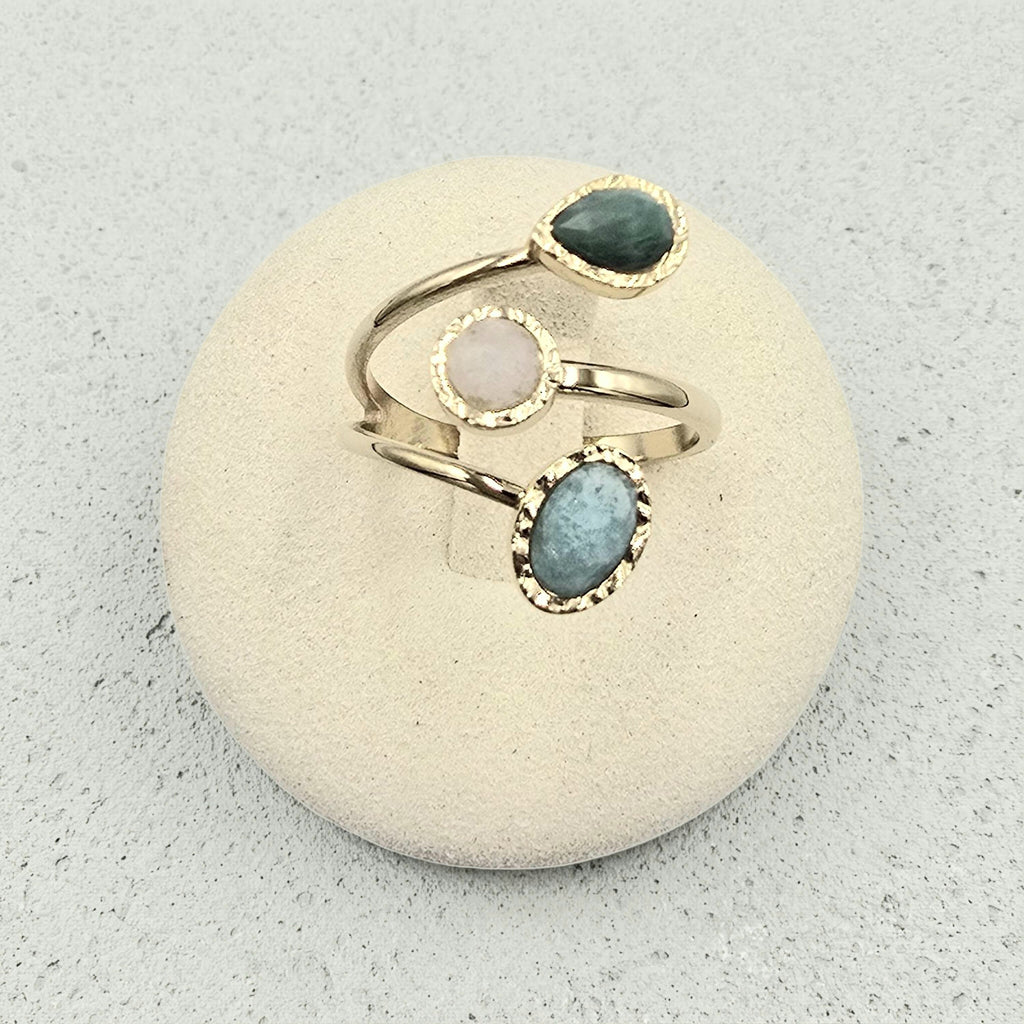 Bague EMI Ouverte 3 Rangs Pierres Naturelles Ajustable Acier Inoxydable | Or et Âme Bijoux