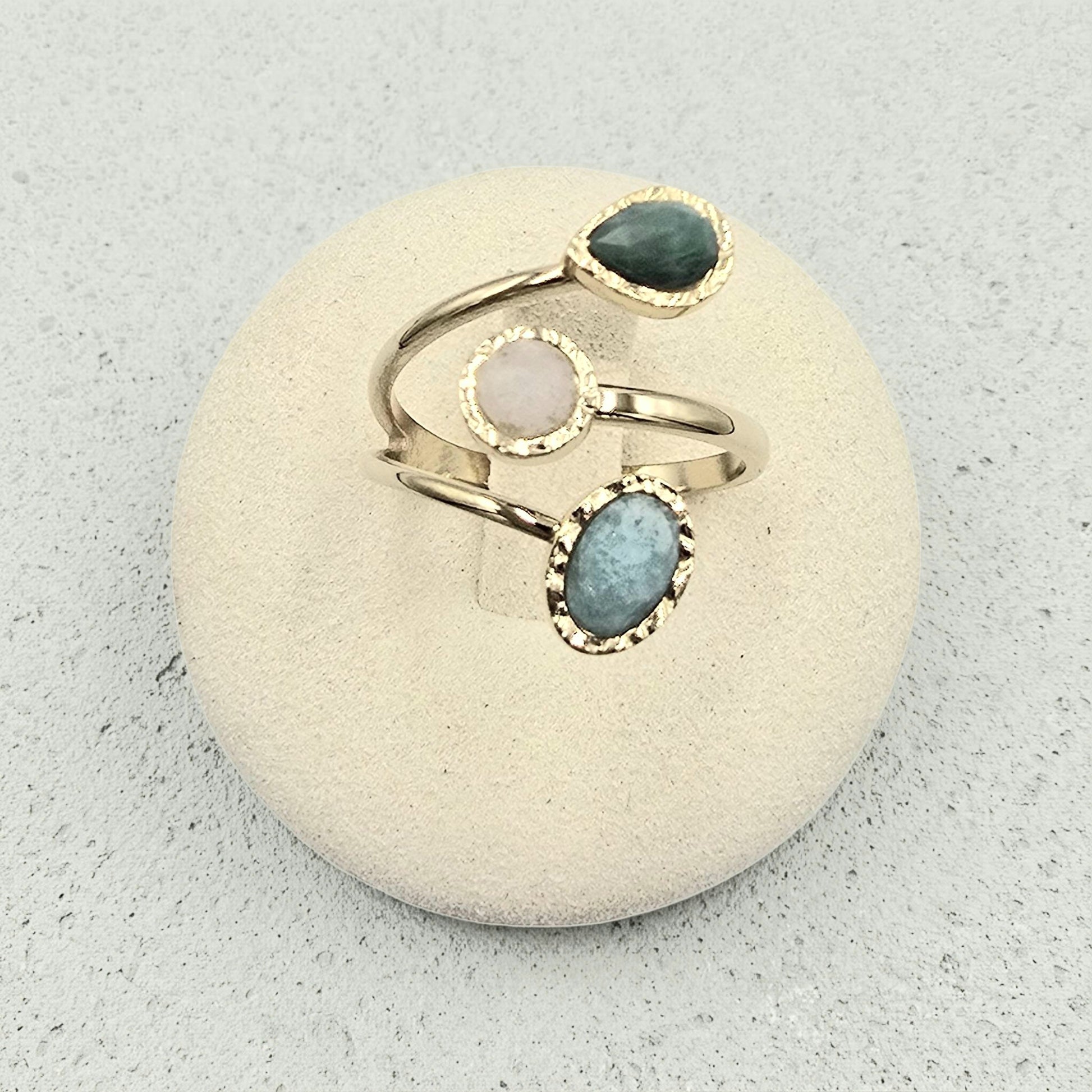 Bague EMI Ouverte 3 Rangs Pierres Naturelles Ajustable Acier Inoxydable | Or et Âme Bijoux