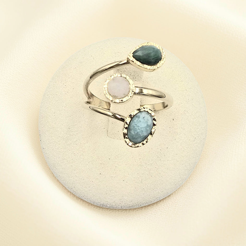 Bague EMI Ouverte 3 Rangs Pierres Naturelles Ajustable Acier Inoxydable | Or et Âme Bijoux
