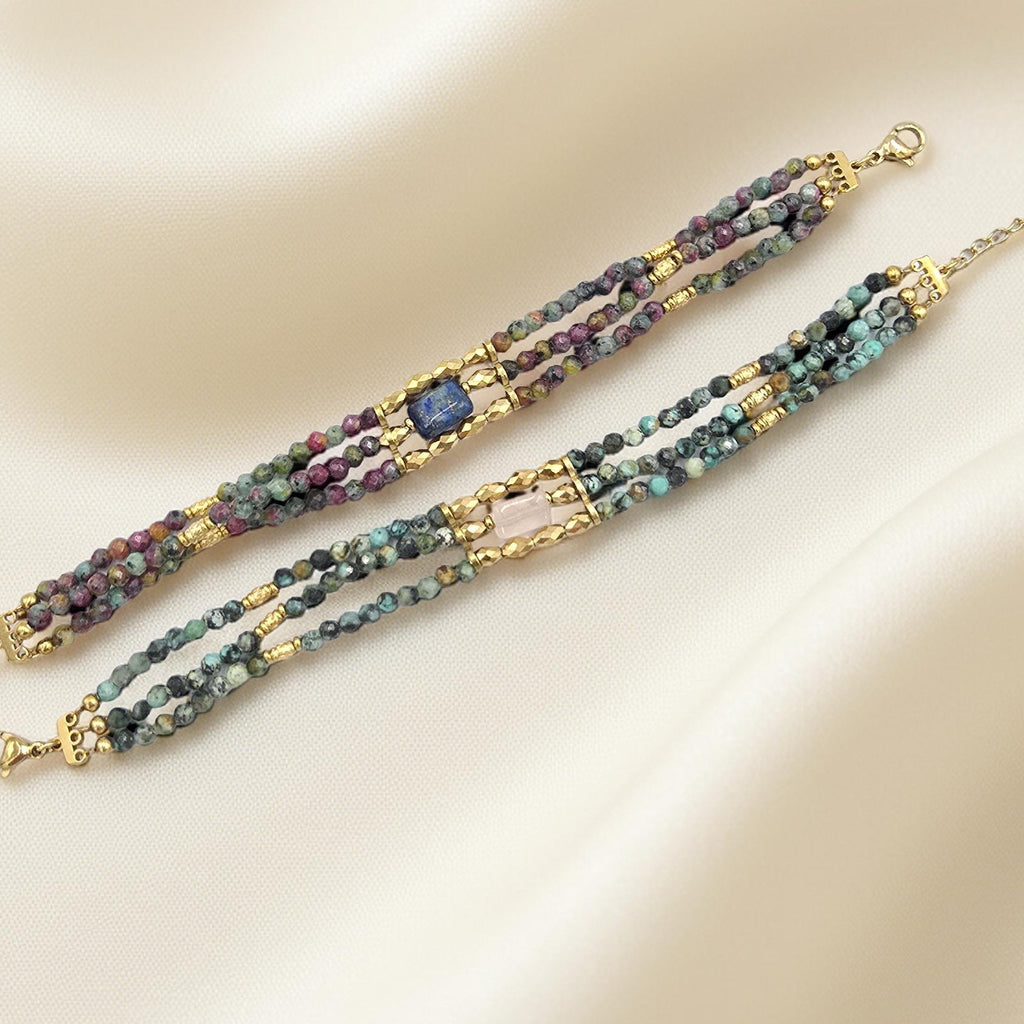 Bracelet Triple KEMI Turquoise Africaine Jaspe Sodalite Cristal de Roche | Or et Âme Bijoux