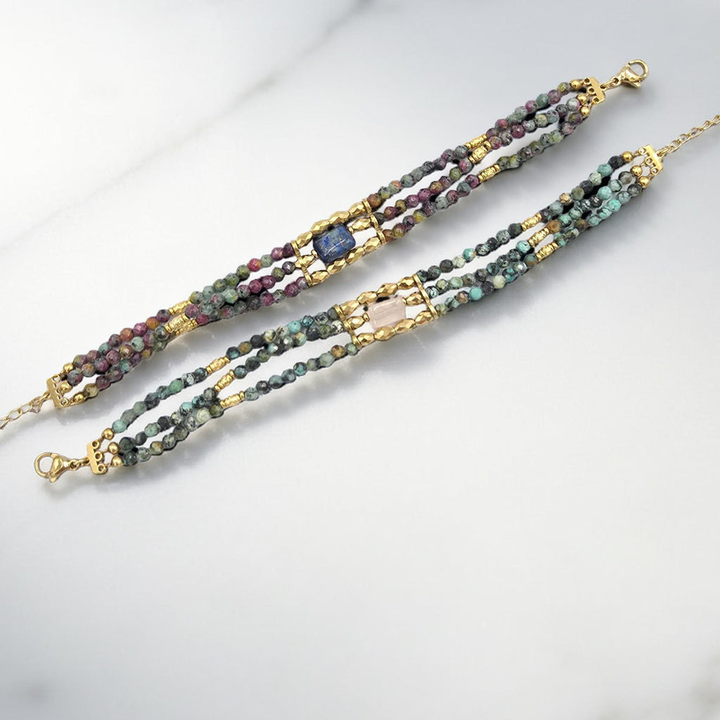 Bracelet Triple KEMI Turquoise Africaine Jaspe Sodalite Cristal de Roche | Or et Âme Bijoux