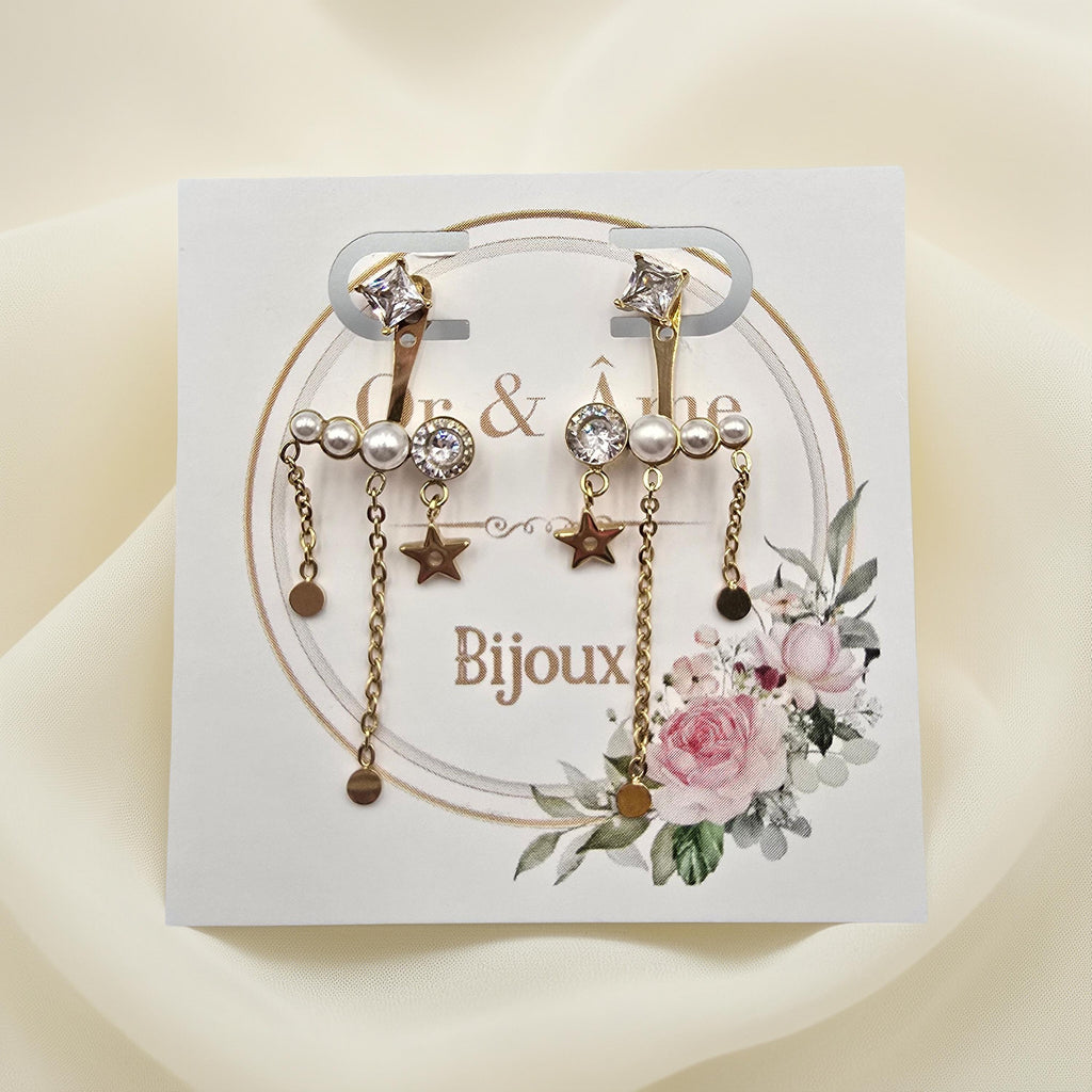 Boucles d'Oreilles MARGIE Puces Cristal Carré Interchangeable Acétate Étoile Chaînes | Or et Âme Bijoux