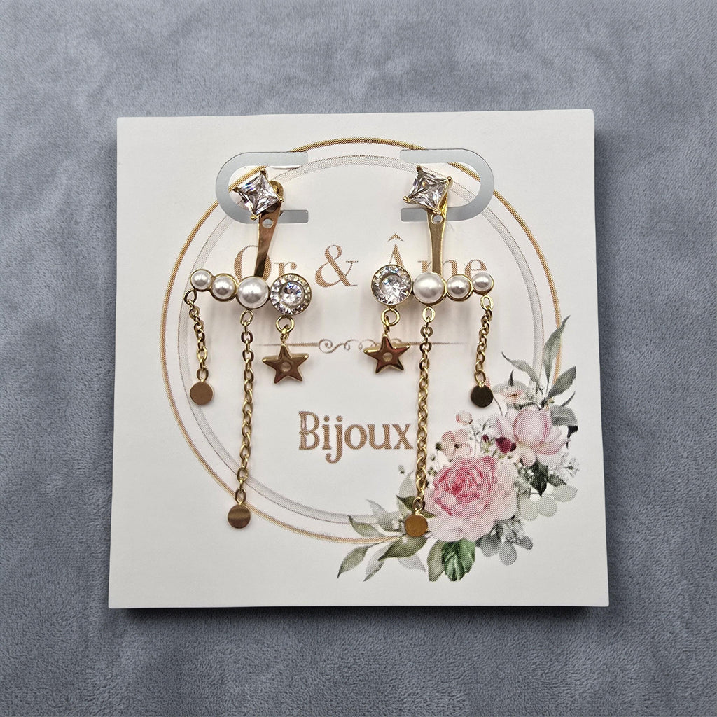 Boucles d'Oreilles MARGIE Puces Cristal Carré Interchangeable Acétate Étoile Chaînes | Or et Âme Bijoux