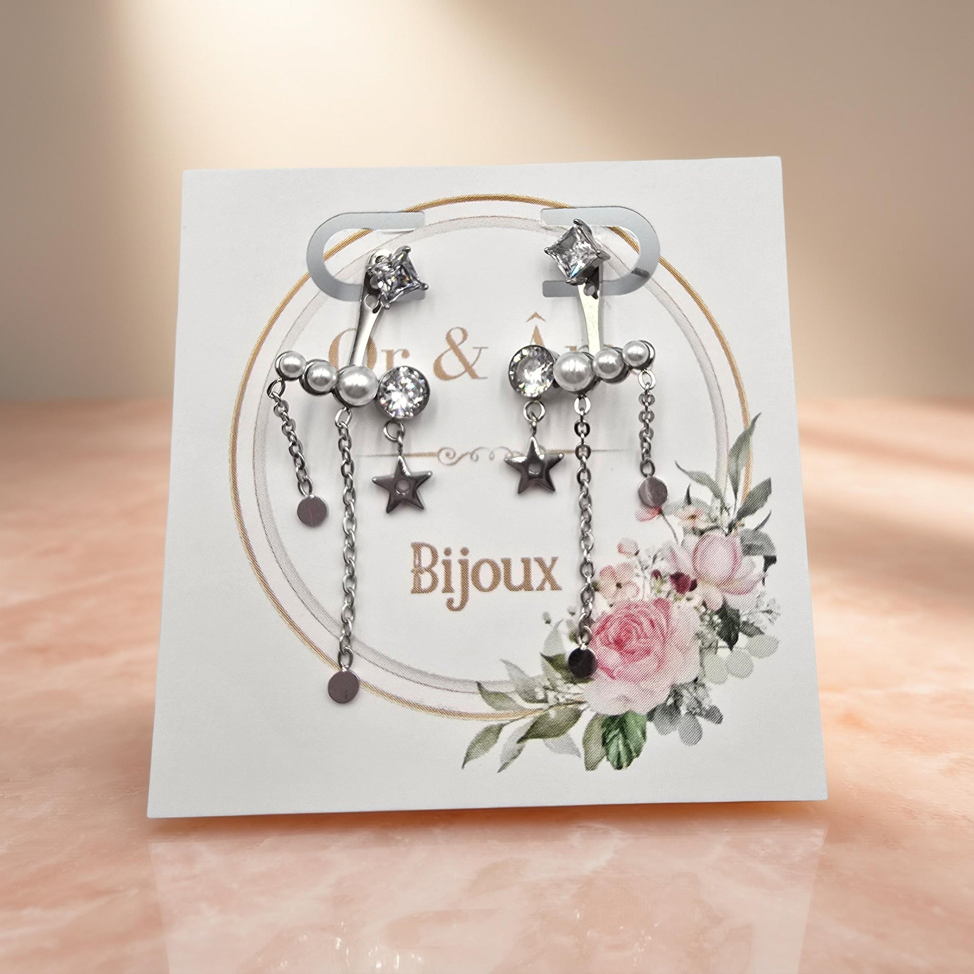 Boucles d'Oreilles MARGIE Puces Cristal Carré Interchangeable Acétate Étoile Chaînes | Or et Âme Bijoux