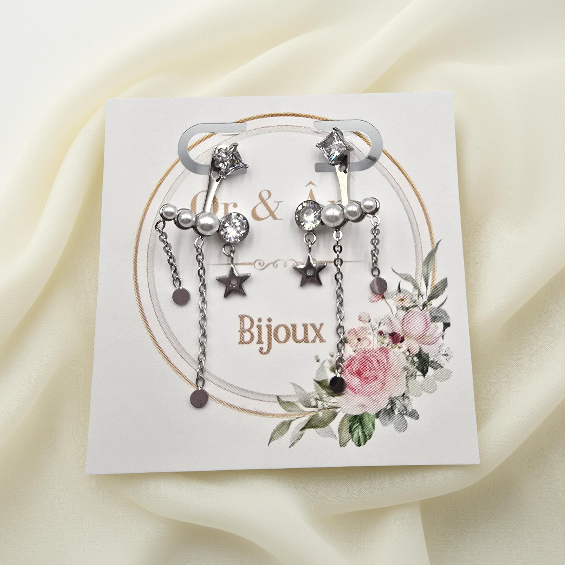 Boucles d'Oreilles MARGIE Puces Cristal Carré Interchangeable Acétate Étoile Chaînes | Or et Âme Bijoux
