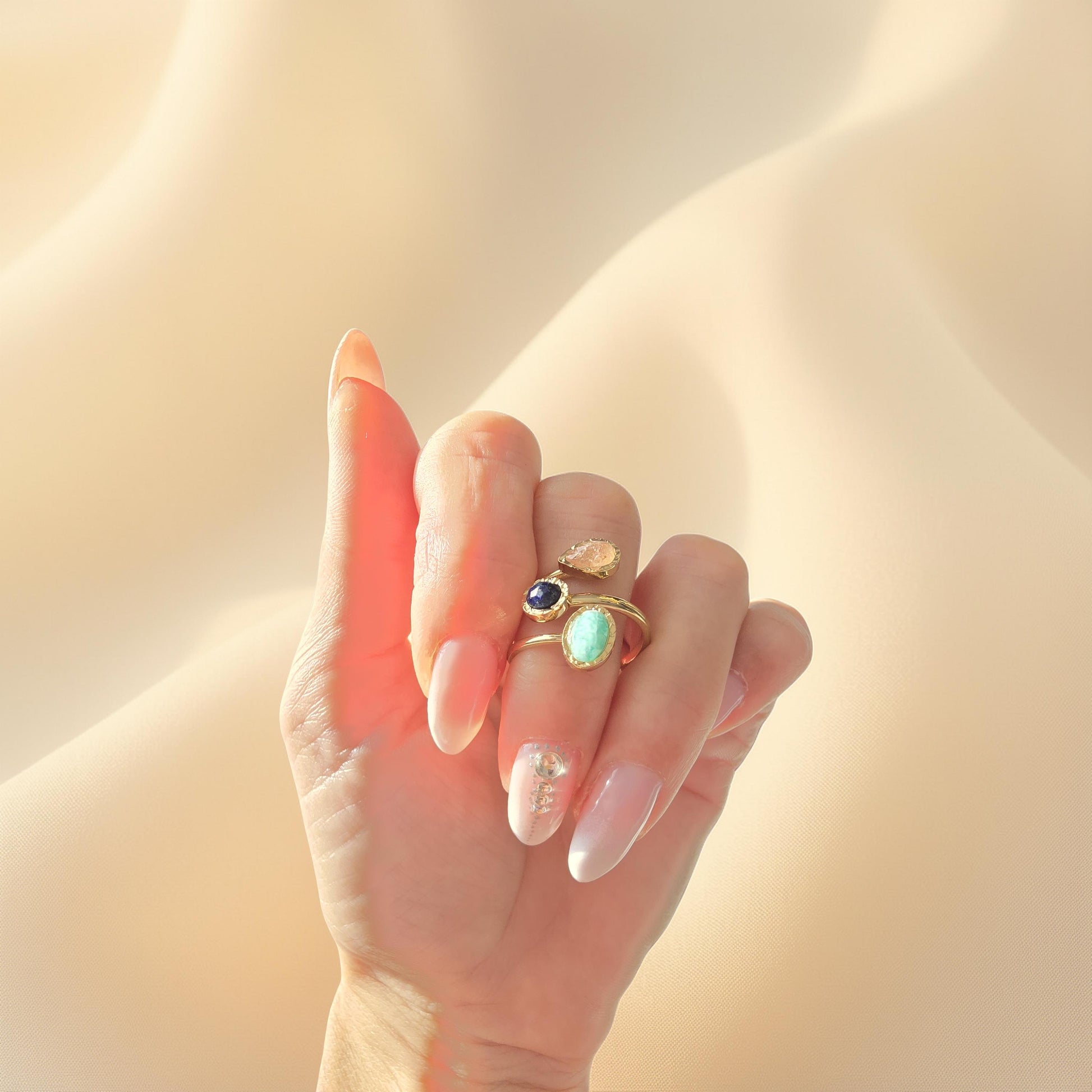 Bague EMI Ouverte 3 Rangs Pierres Naturelles Ajustable Acier Inoxydable | Or et Âme Bijoux