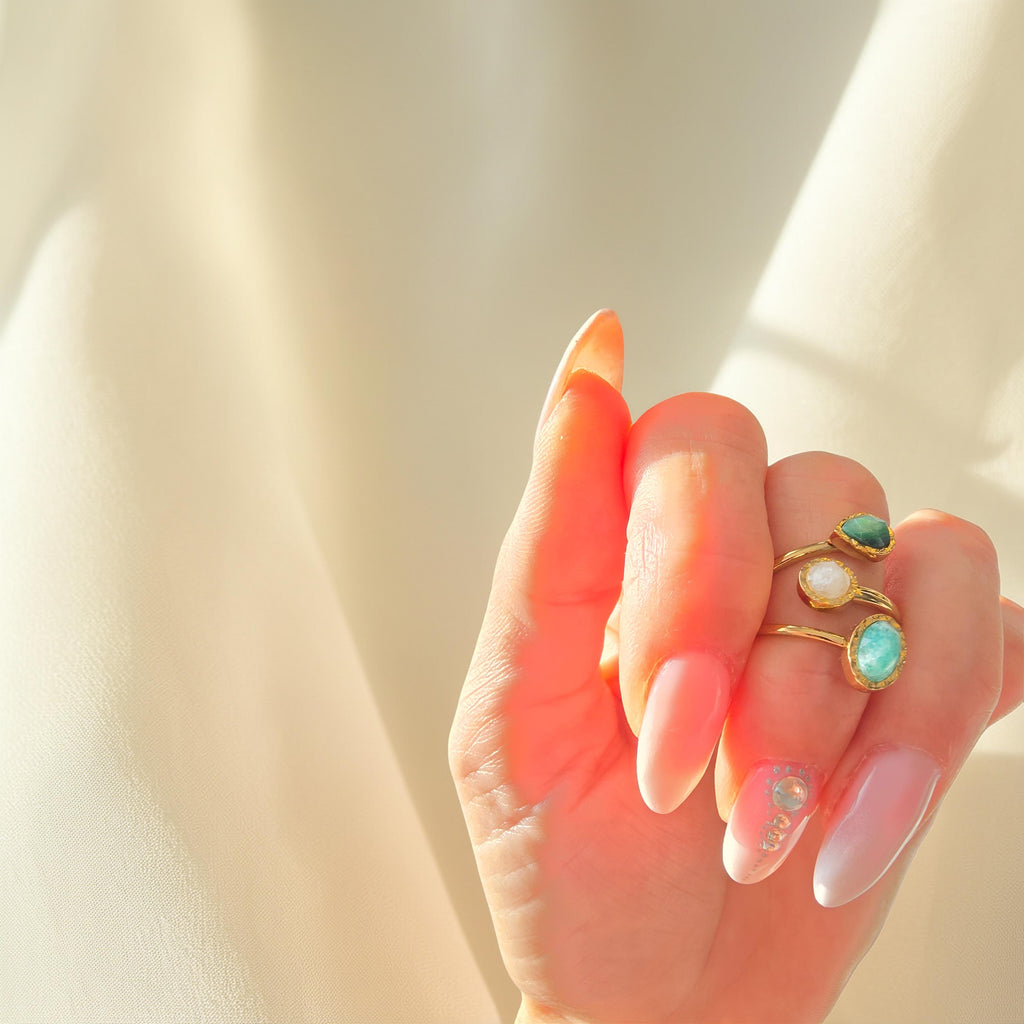 Bague EMI Ouverte 3 Rangs Pierres Naturelles Ajustable Acier Inoxydable | Or et Âme Bijoux