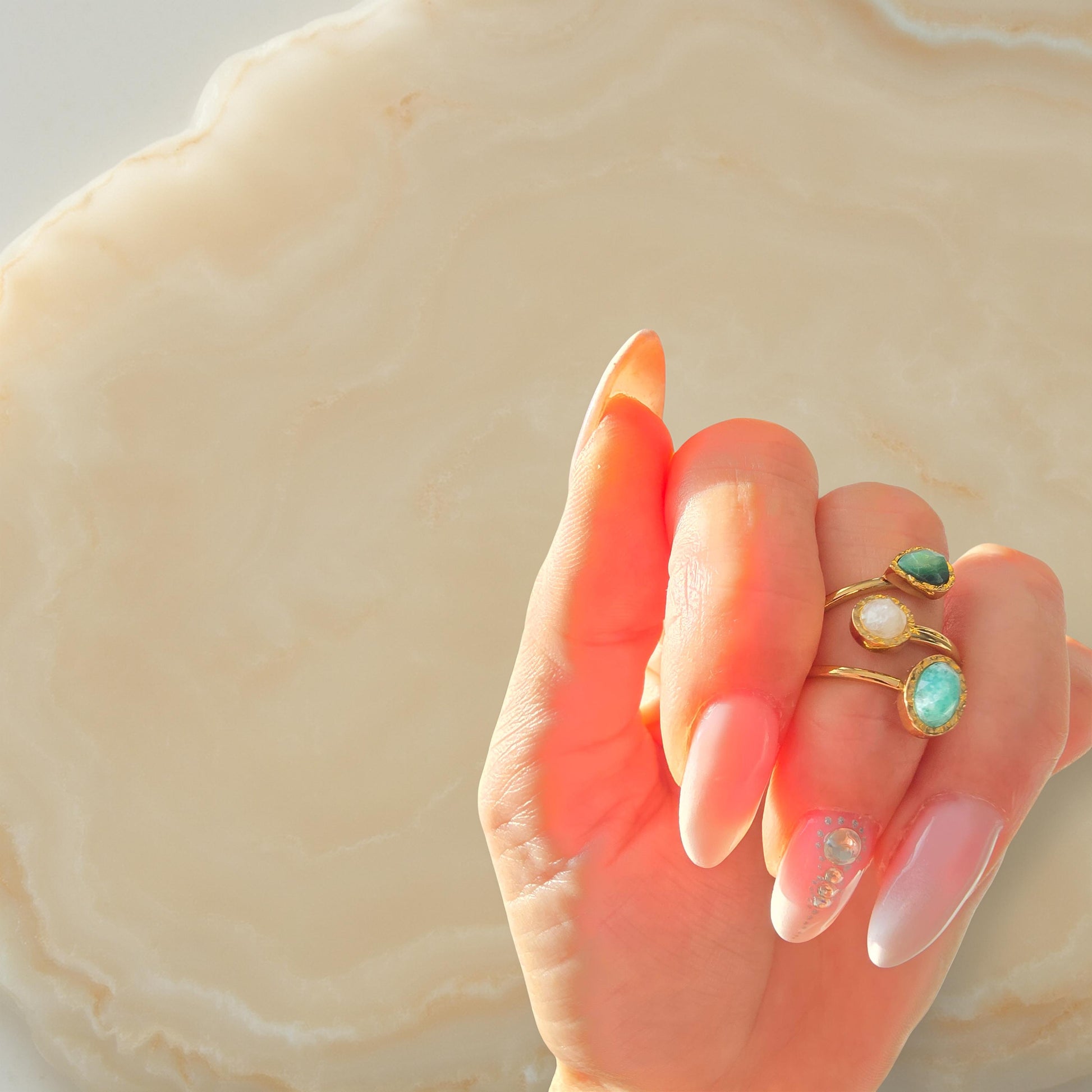 Bague EMI Ouverte 3 Rangs Pierres Naturelles Ajustable Acier Inoxydable | Or et Âme Bijoux