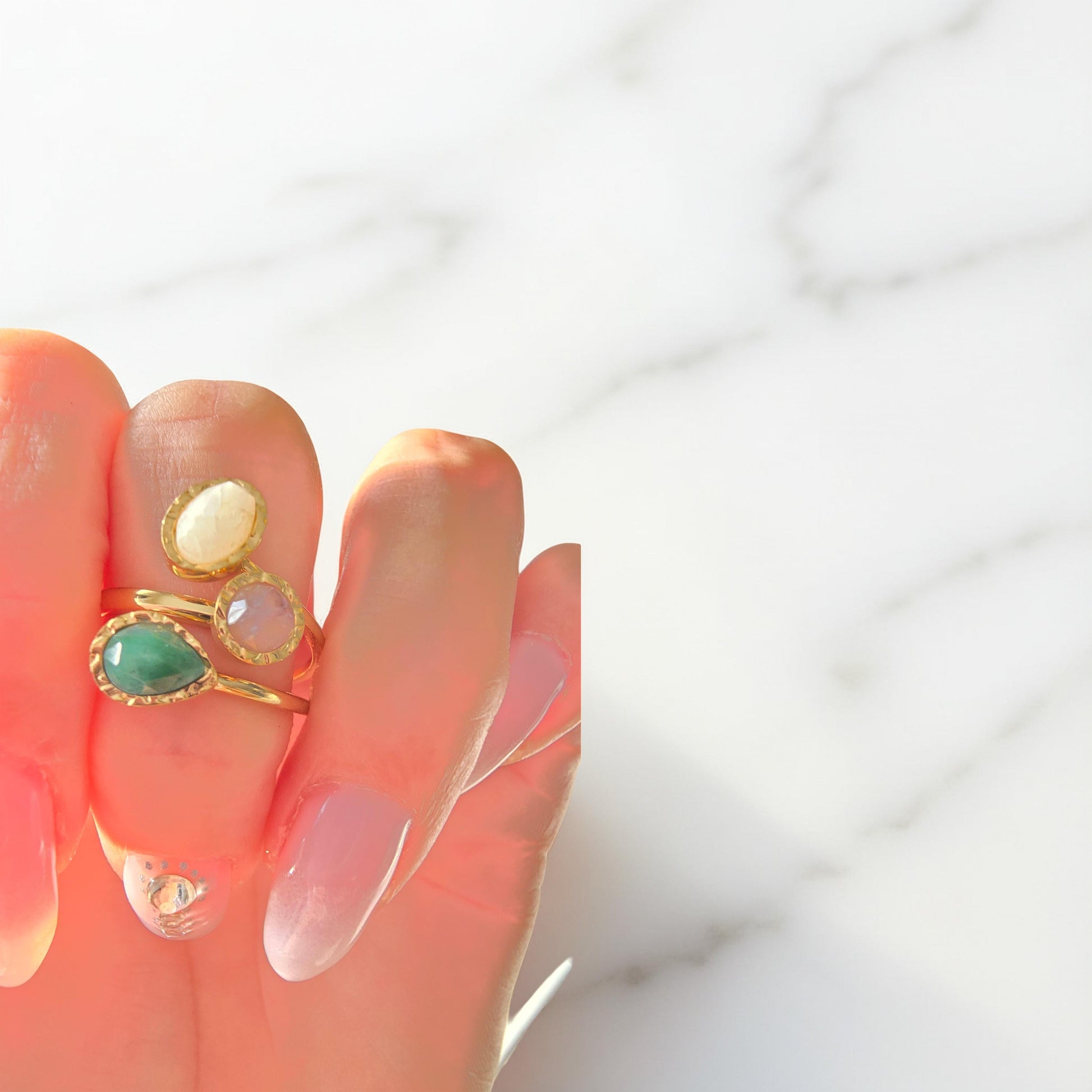 Bague EMI Ouverte 3 Rangs Pierres Naturelles Ajustable Acier Inoxydable | Or et Âme Bijoux