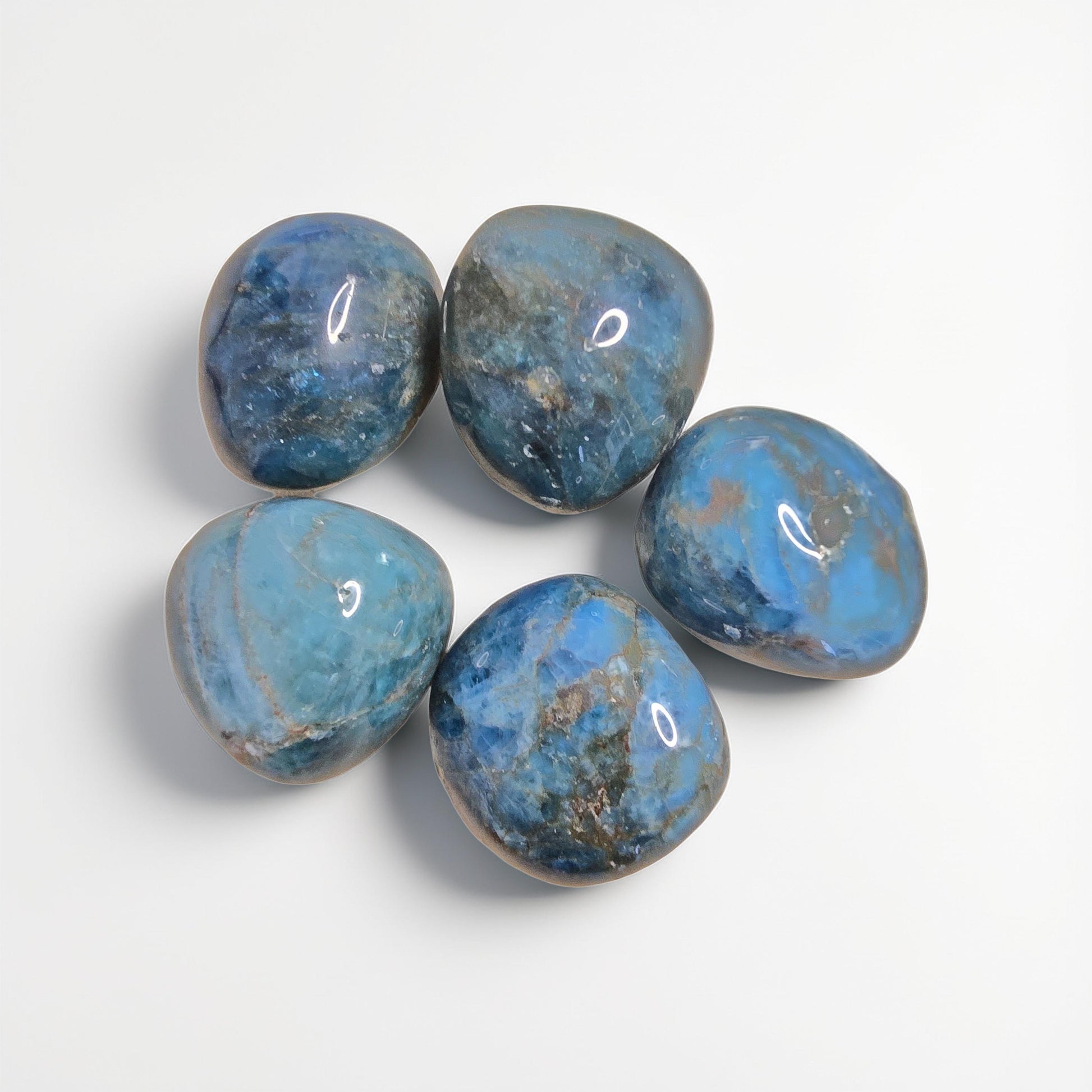 Pierre roulée d'Apatite qualité extra 30-40mm. Bleu-vert turquoise intense. Pierre de motivation, communication, créativité et confiance.