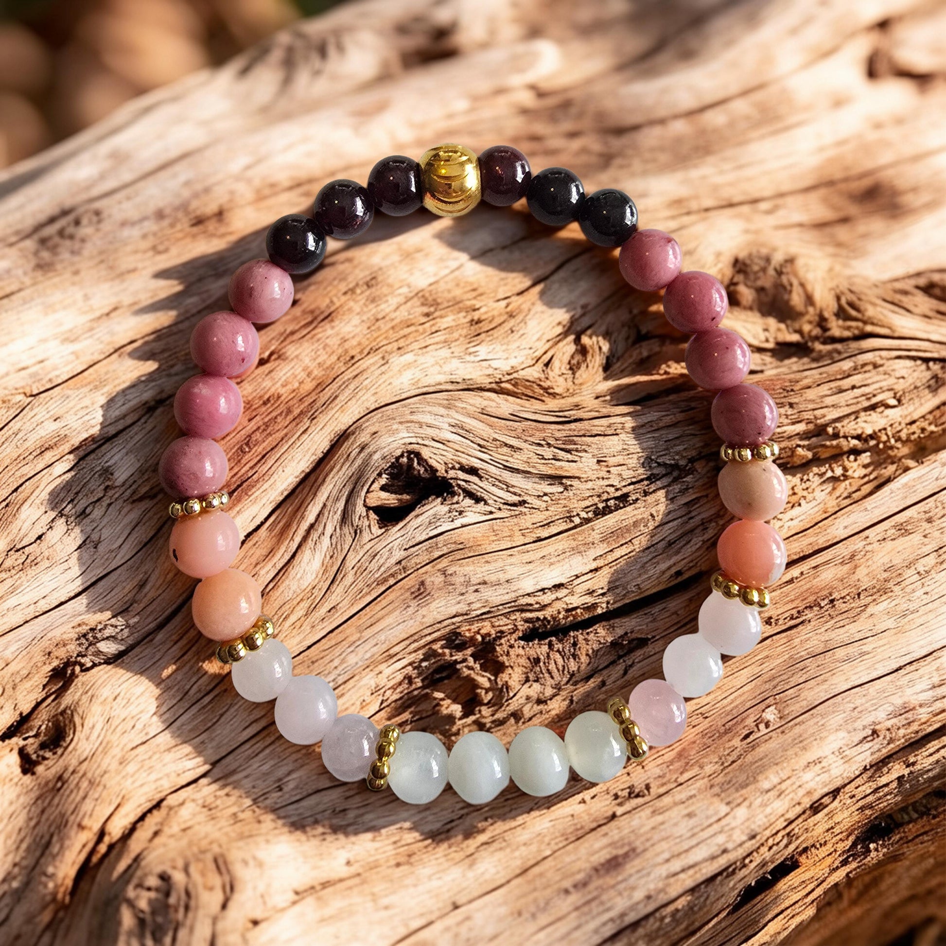 Bracelet Rhodonite Quartz Rose Pierre de Lune - Guérison Émotionnelle