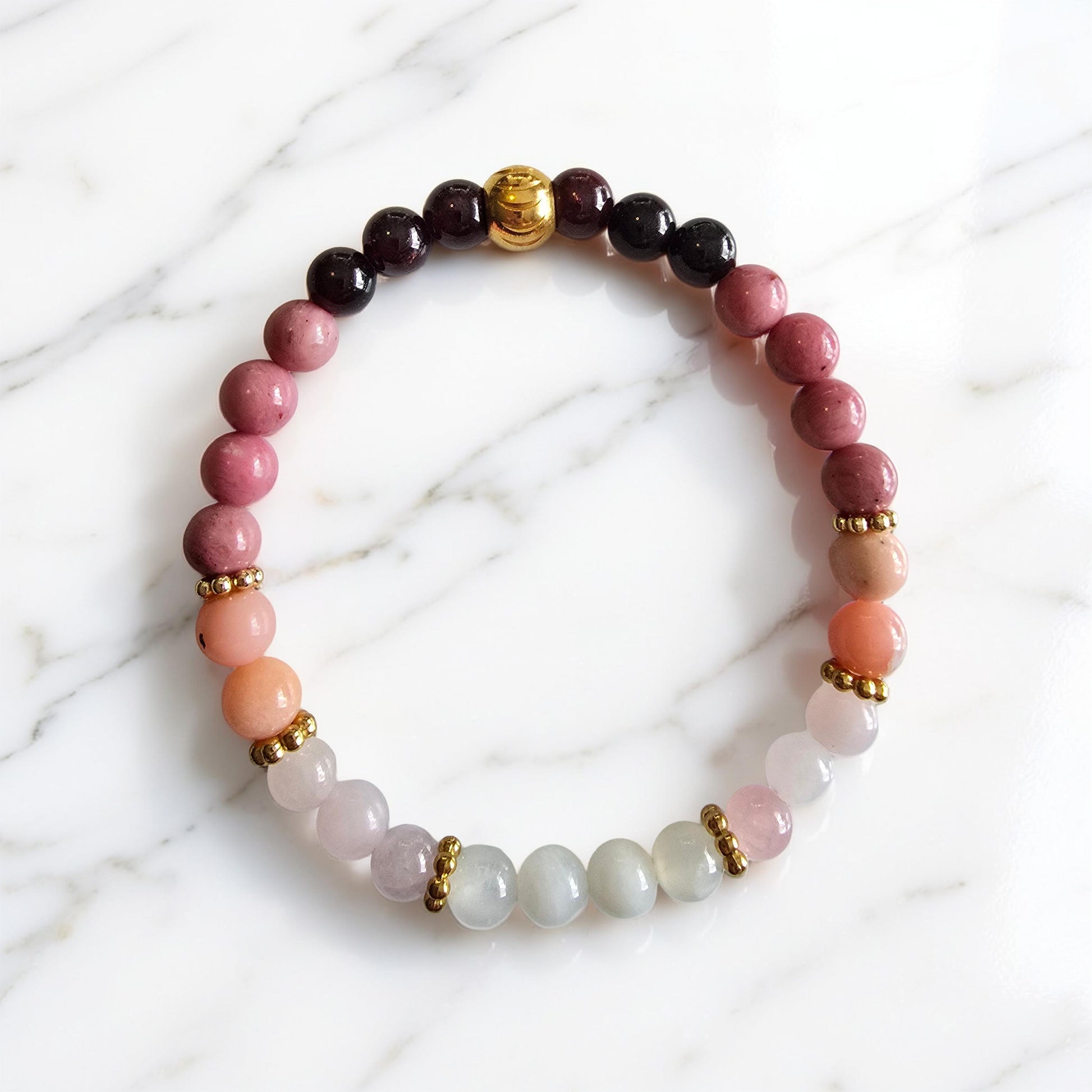 Bracelet Amour & Guérison Émotionnelle - Rhodonite, Quartz Rose, Opale Rose, Grenat & Pierre de Lune