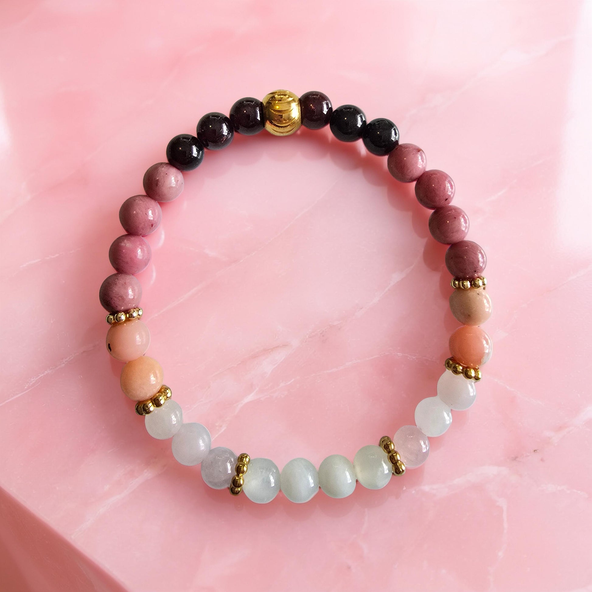 Bracelet Amour & Guérison Émotionnelle - Rhodonite, Quartz Rose, Opale Rose, Grenat & Pierre de Lune
