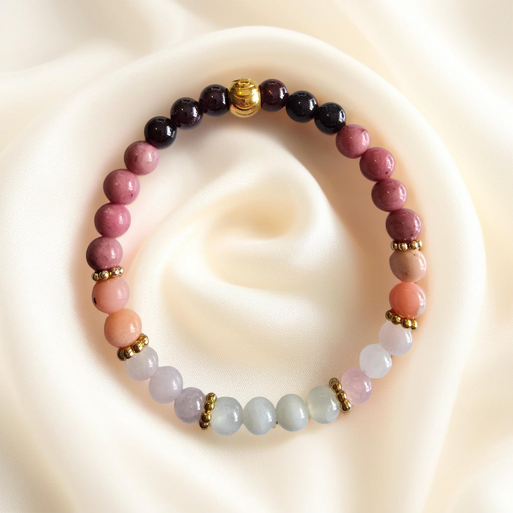 Bracelet Amour & Guérison Émotionnelle - Rhodonite, Quartz Rose, Opale Rose, Grenat & Pierre de Lune