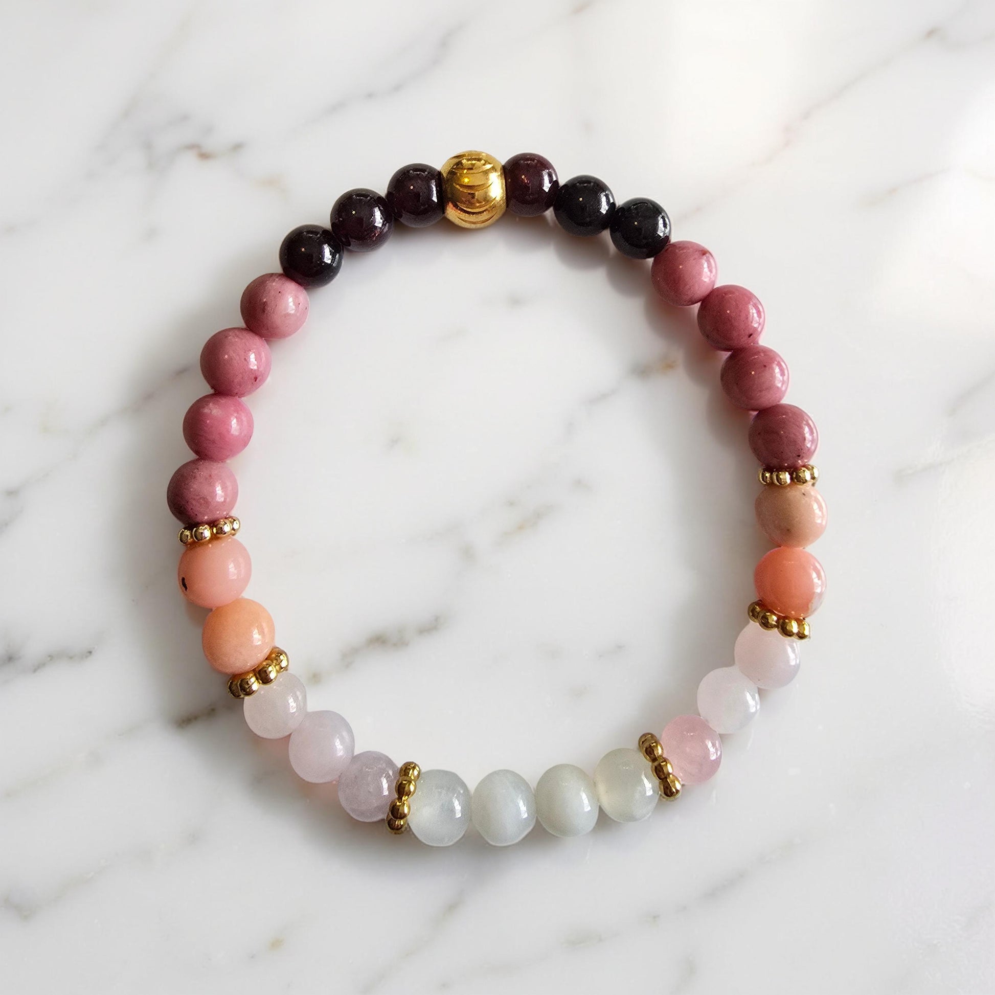 Bracelet Amour & Guérison Émotionnelle - Rhodonite, Quartz Rose, Opale Rose, Grenat & Pierre de Lune