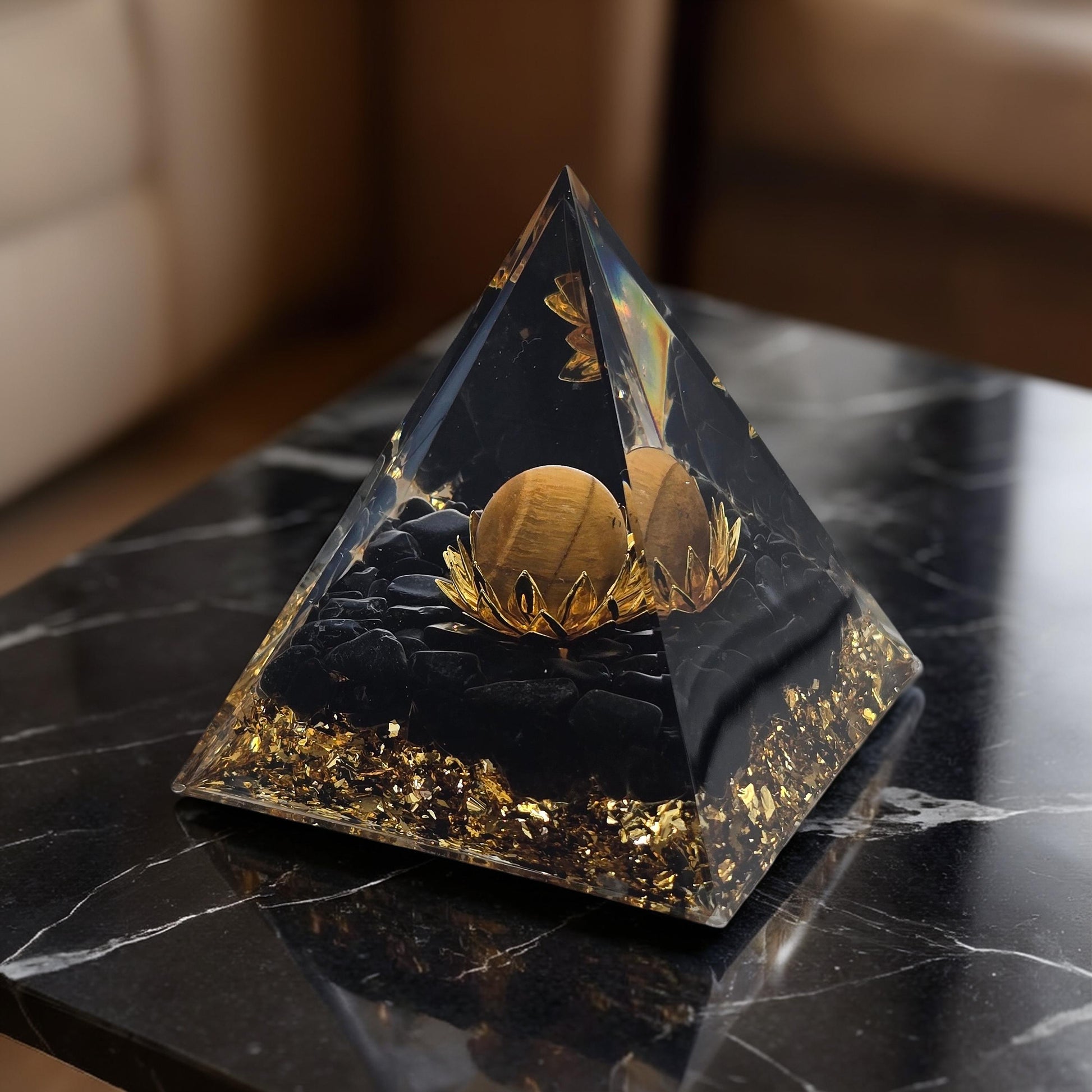 Orgonite Lotus Œil de Tigre & Obsidienne - Paillettes Or