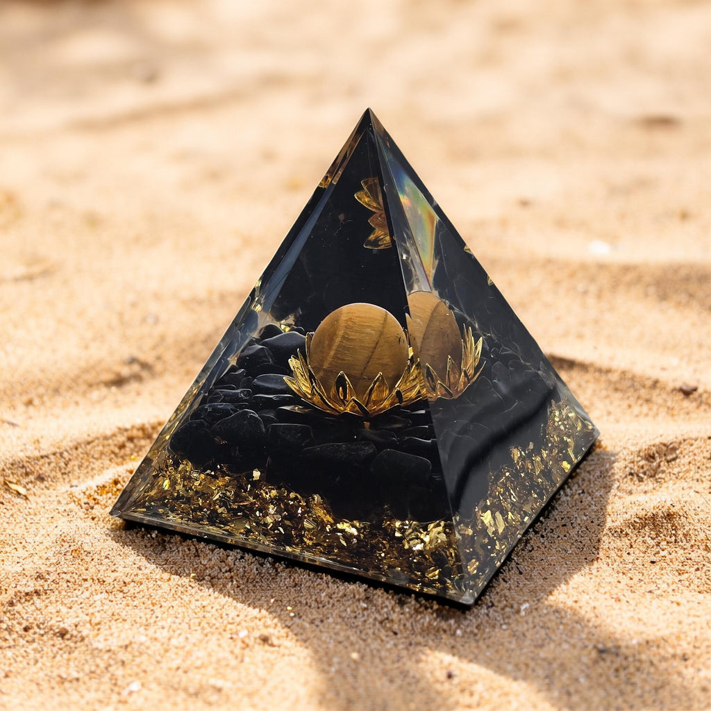 Orgonite Lotus Œil de Tigre & Obsidienne - Paillettes Or