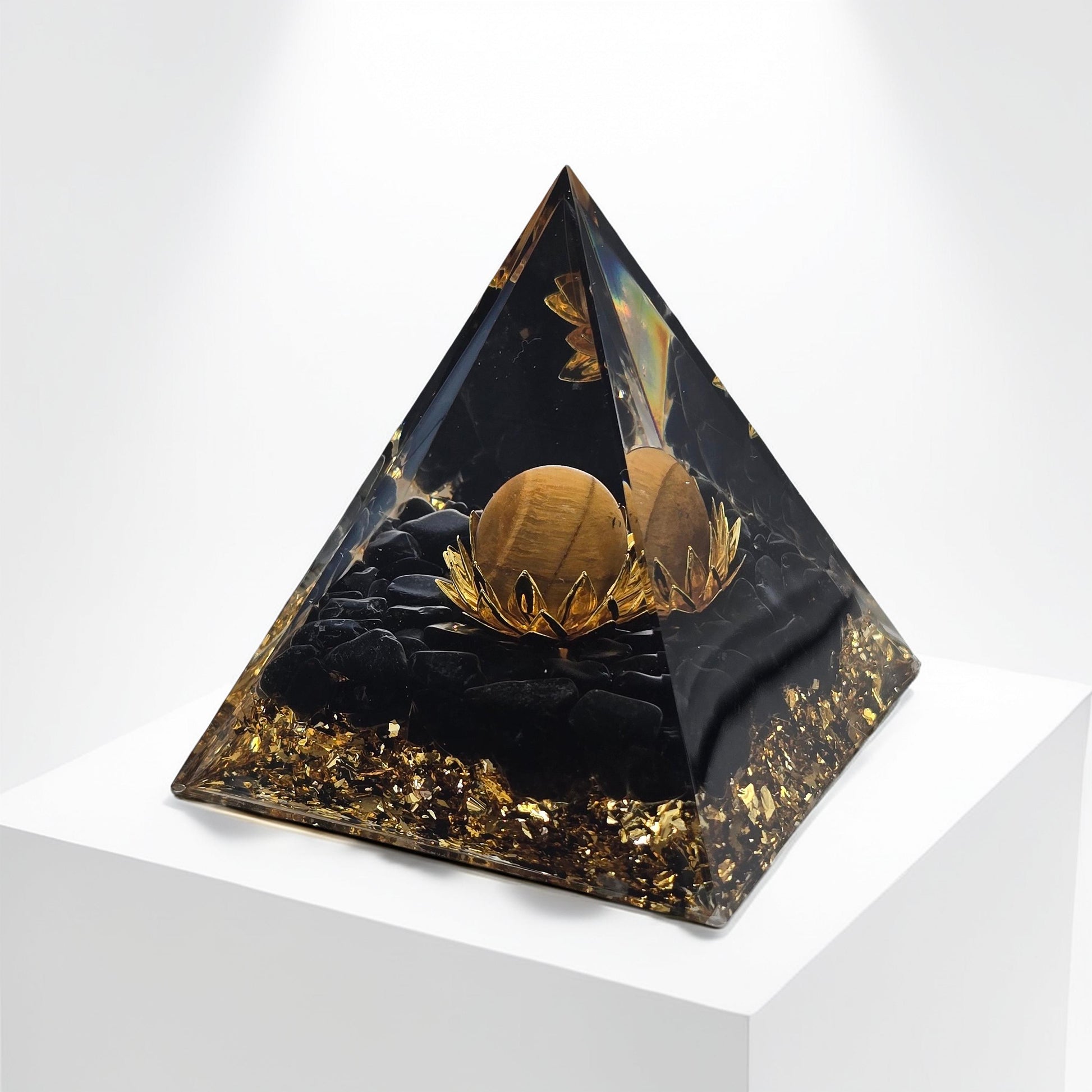 Orgonite Lotus Œil de Tigre & Obsidienne - Paillettes Or