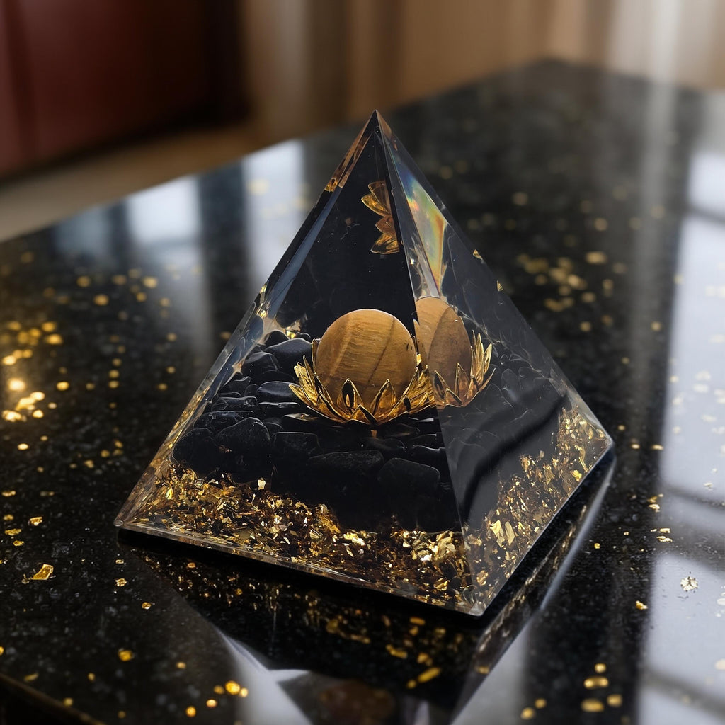 Orgonite Lotus Œil de Tigre & Obsidienne - Paillettes Or