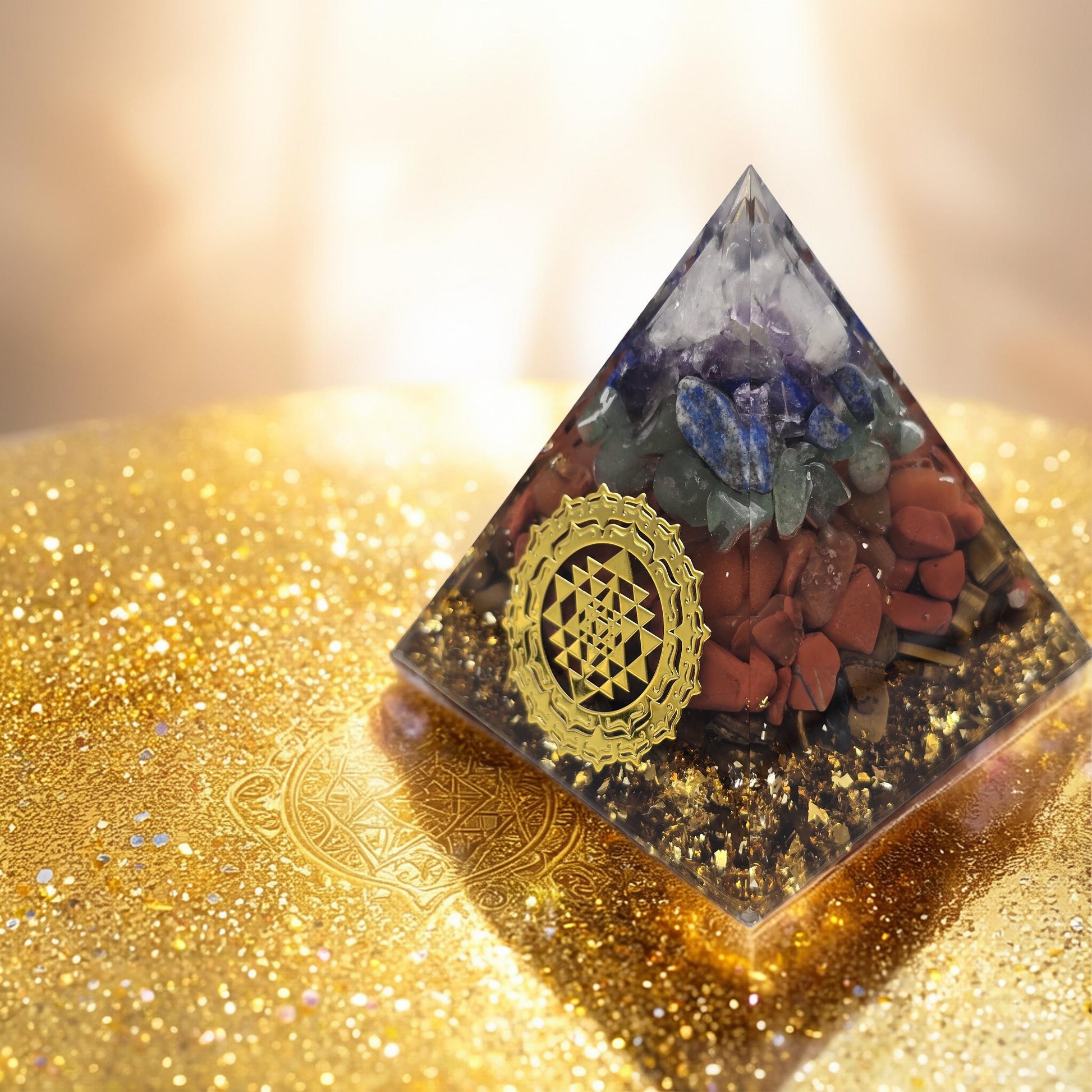 Orgonite 7 Chakras Paillettes Or - Symboles Chakras - Paillette d'or
