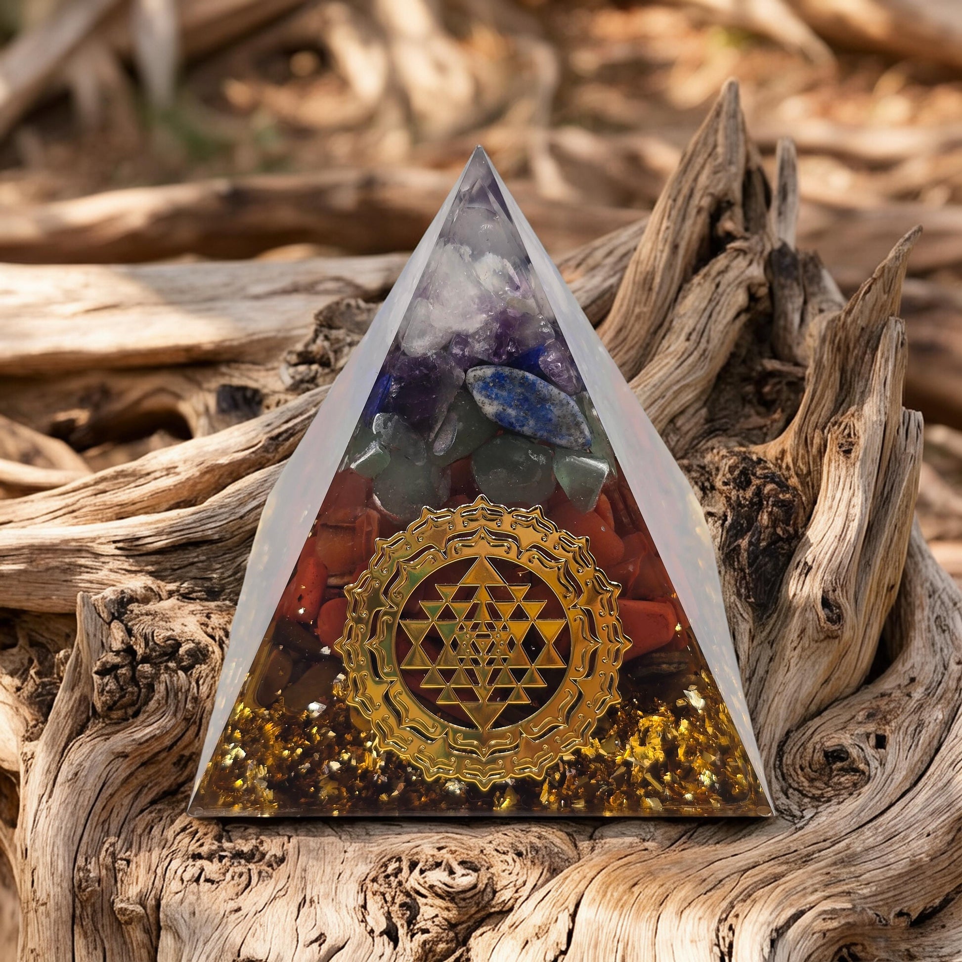 Orgonite 7 Chakras Paillettes Or - Symboles Chakras - Paillette d'or